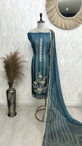 Glass Organza Unstitched Suit Set With Katdana And Sequence Detailing