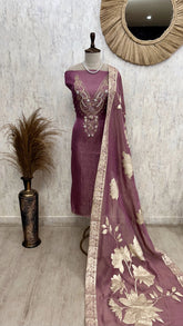 Crush Tissue Unstitched Suit Set With Zardosi Work