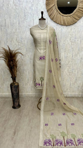 Jamdani Linen Unstitched Suit Set Featuring Applique Work