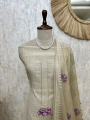 Jamdani Linen Unstitched Suit Set Featuring Applique Work