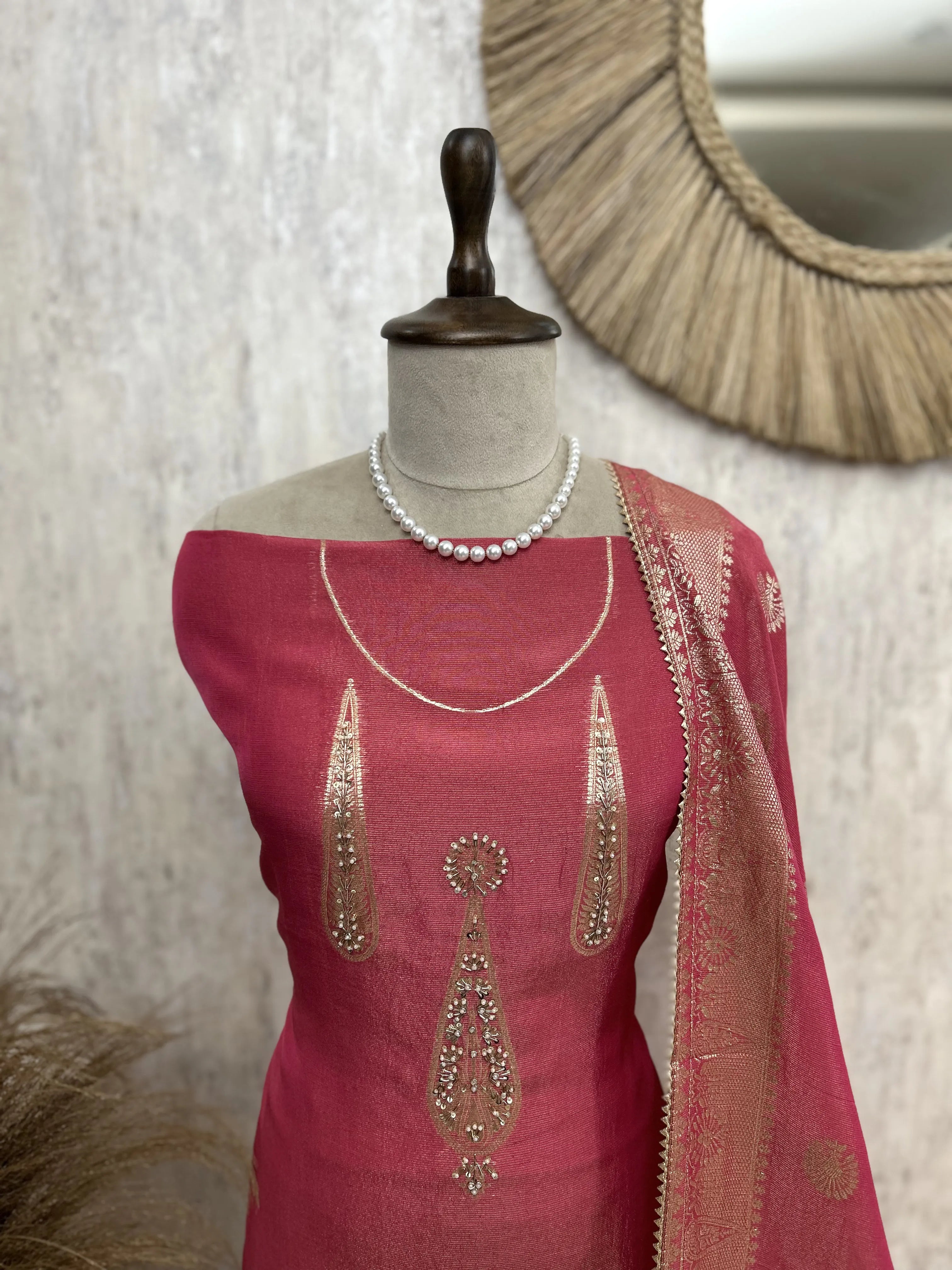 Tissue Unstitched Suit Set With Tissue Dupatta