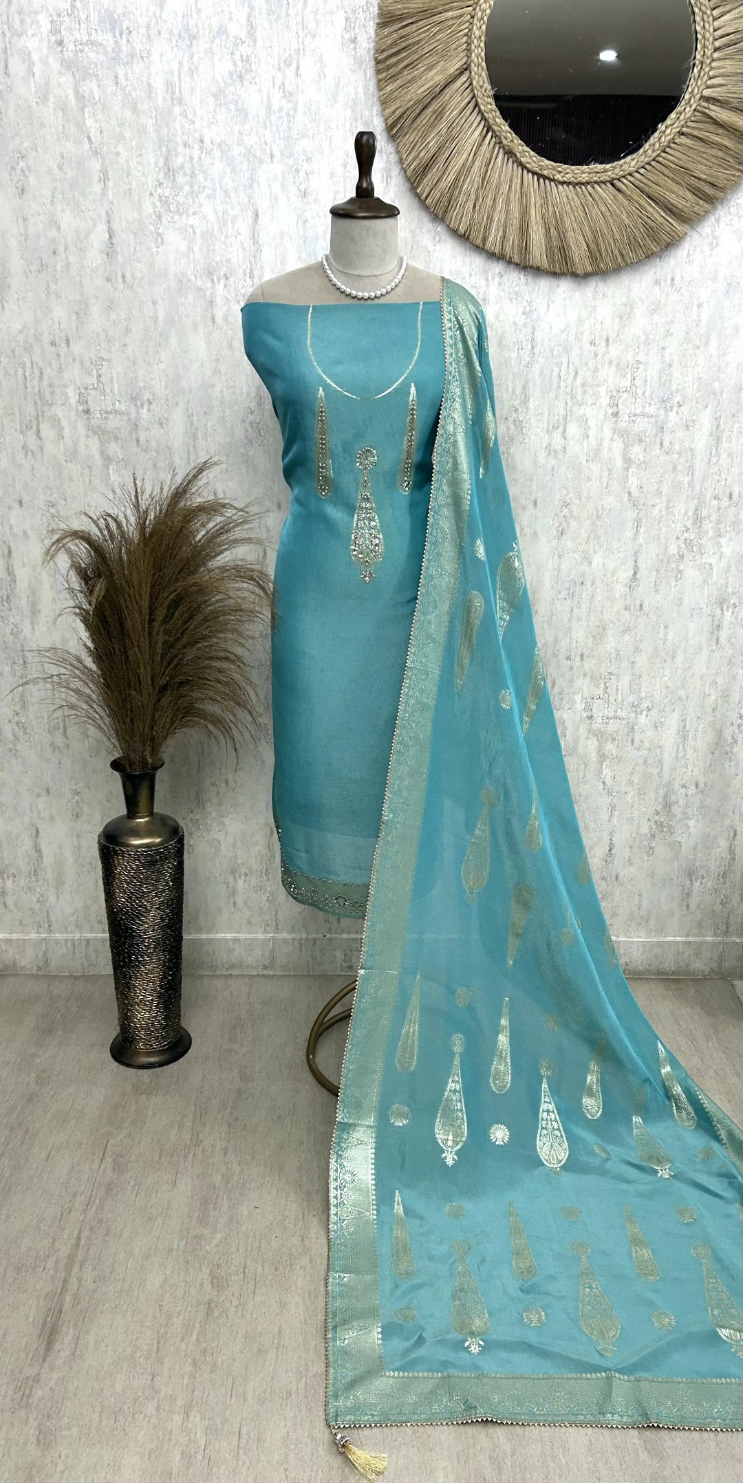 Tissue Unstitched Suit Set With Tissue Dupatta