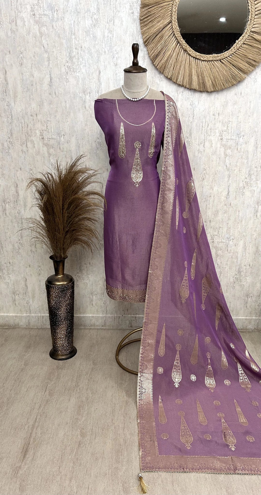 Tissue Unstitched Suit Set With Tissue Dupatta