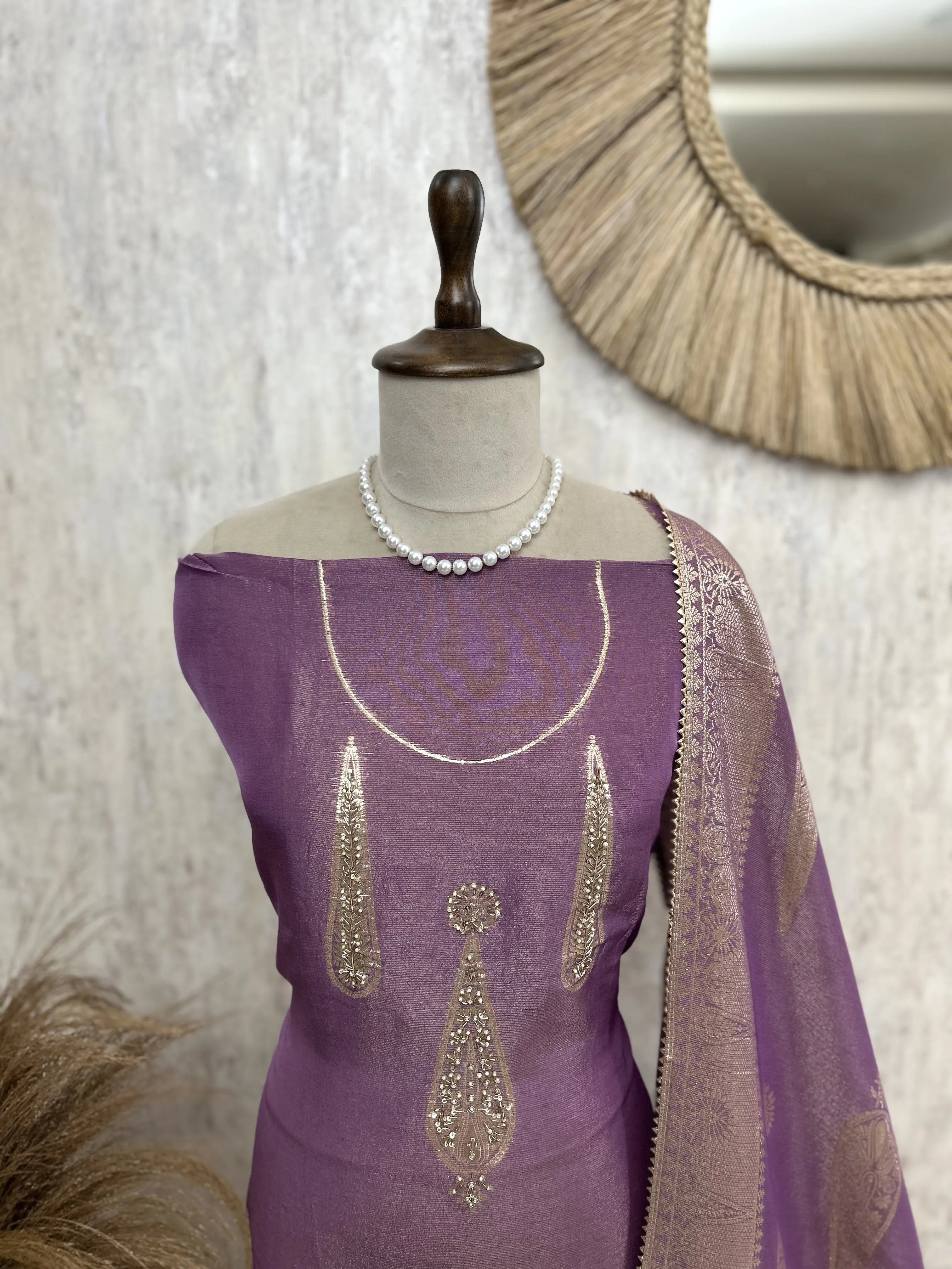 Tissue Unstitched Suit Set With Tissue Dupatta