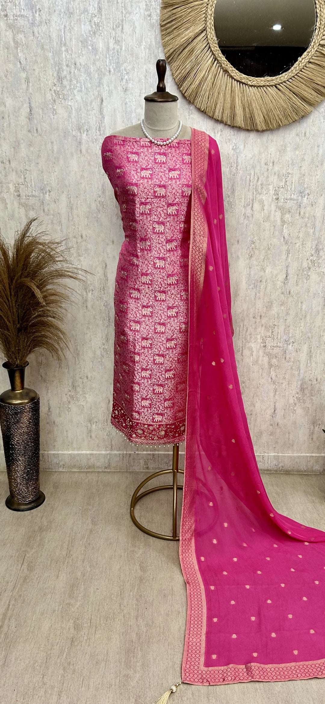 Brocade Silk Unstitched Suit Set Featuring Organza Dupatta