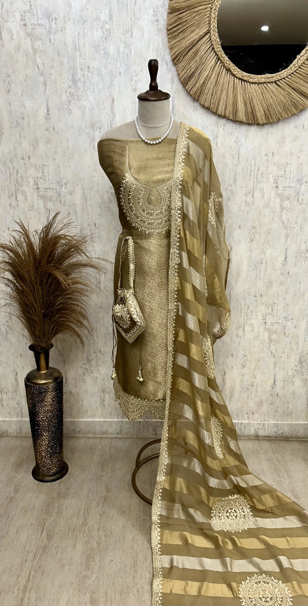 Brocade Silk Unstitched Suit Set Comes With Handy Potli & Featuring Organza Dupatta