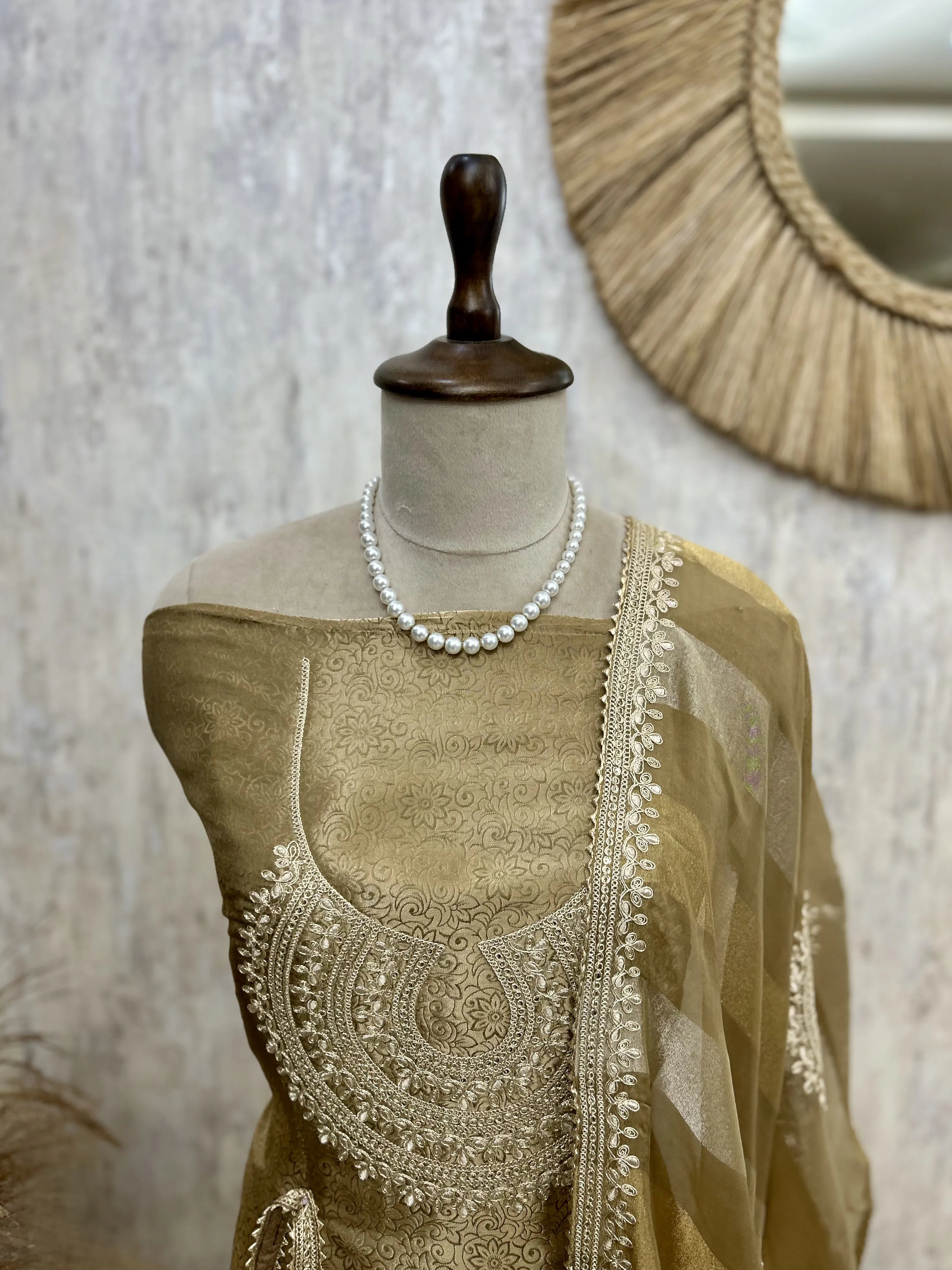 Brocade Silk Unstitched Suit Set Comes With Handy Potli & Featuring Organza Dupatta