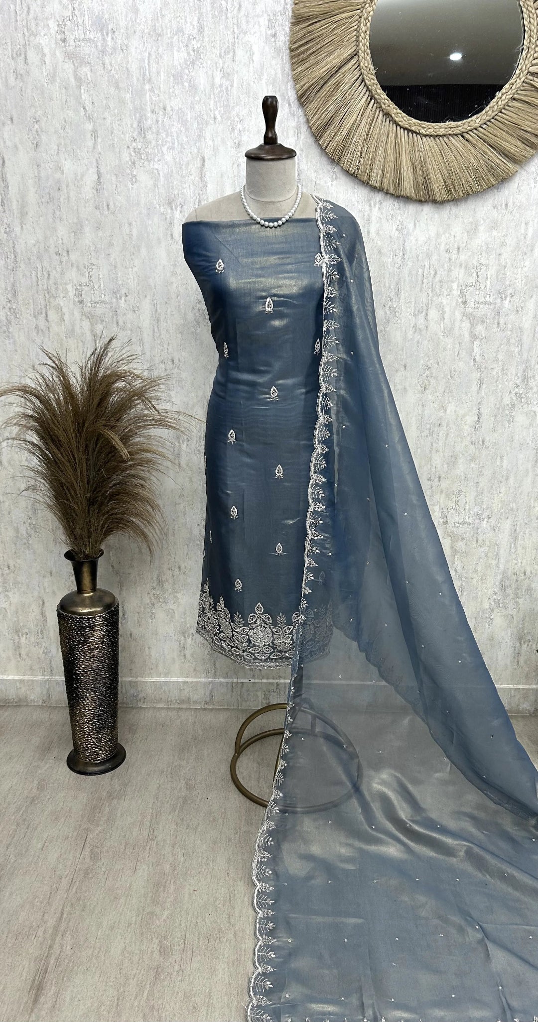 Glass Organza Unstitched Suit Set With Glass Organza Dupatta