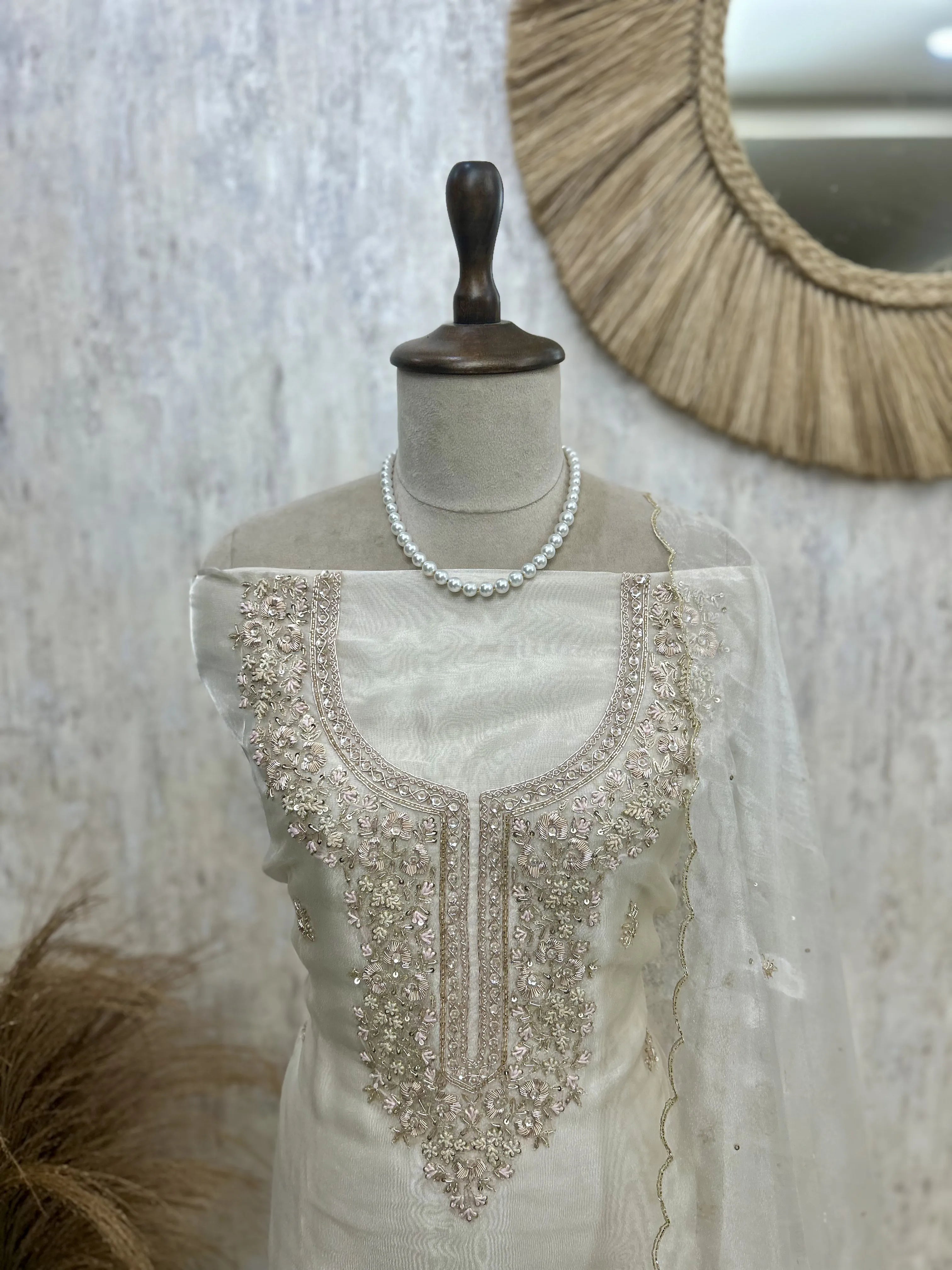 Glass Organza Unstitched Suit Set With Glass Organza Dupatta Featuring Hand Work