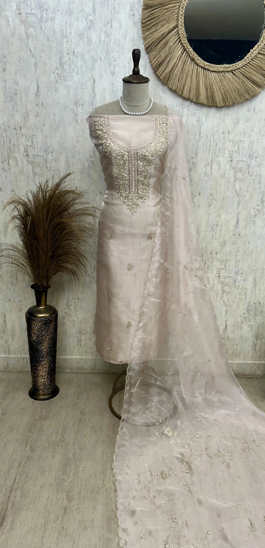 Glass Organza Unstitched Suit Set With Glass Organza Dupatta Featuring Hand Work