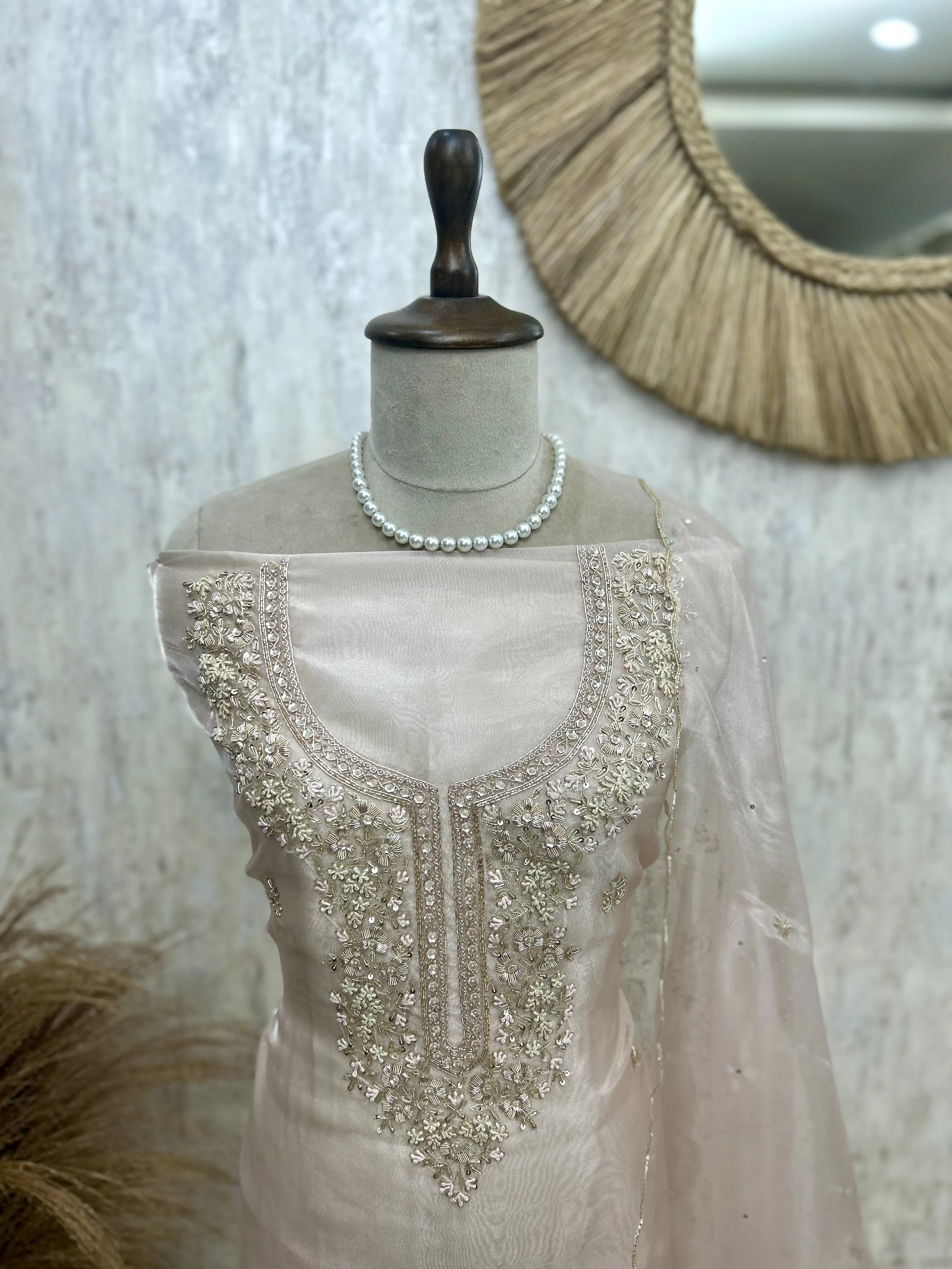 Glass Organza Unstitched Suit Set With Glass Organza Dupatta Featuring Hand Work