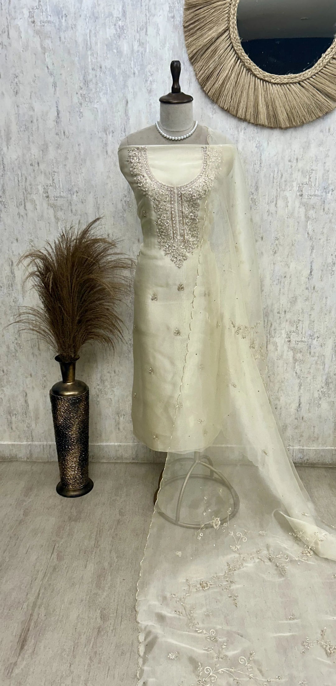 Glass Organza Unstitched Suit Set With Glass Organza Dupatta Featuring Hand Work