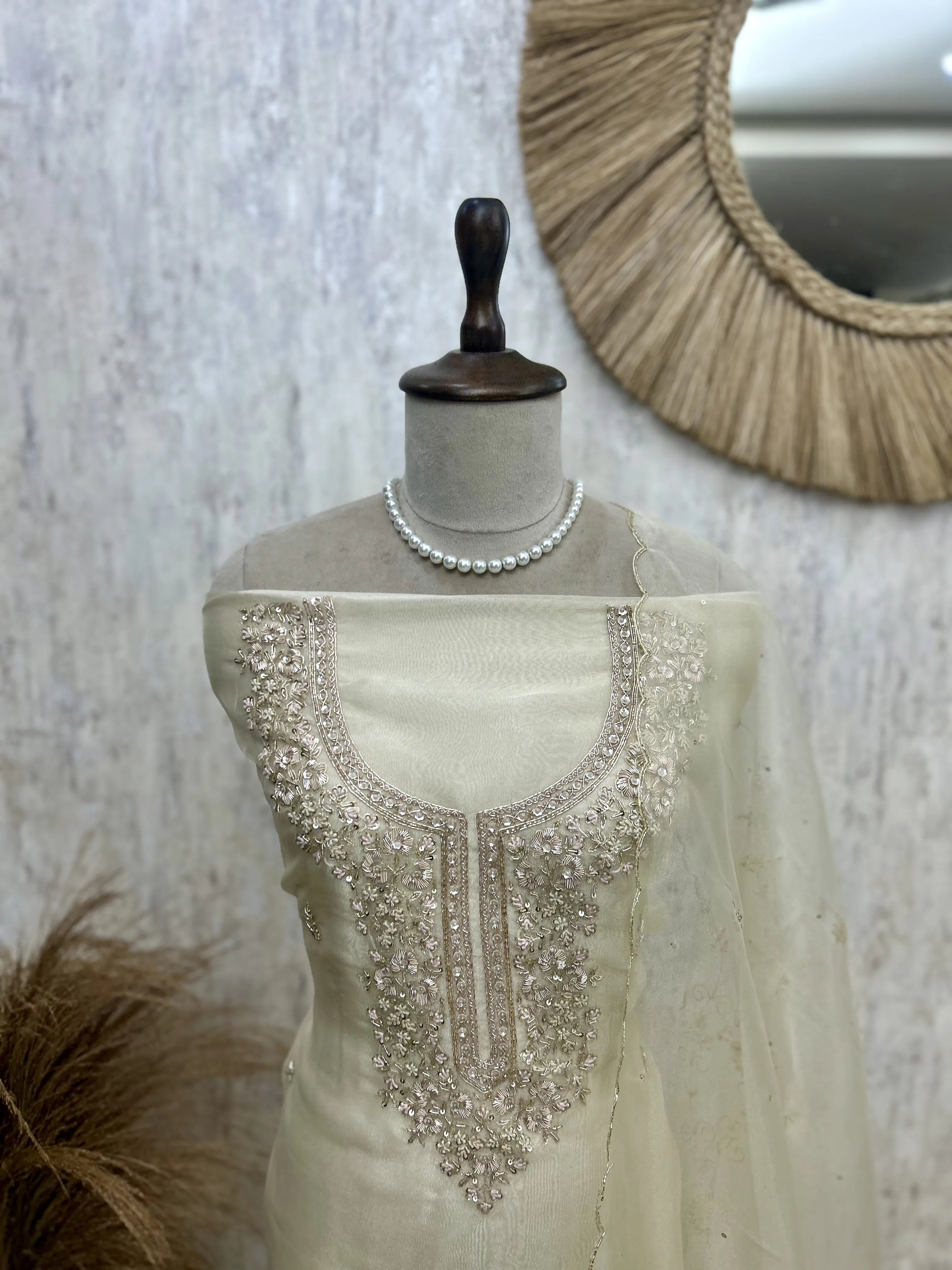 Glass Organza Unstitched Suit Set With Glass Organza Dupatta Featuring Hand Work