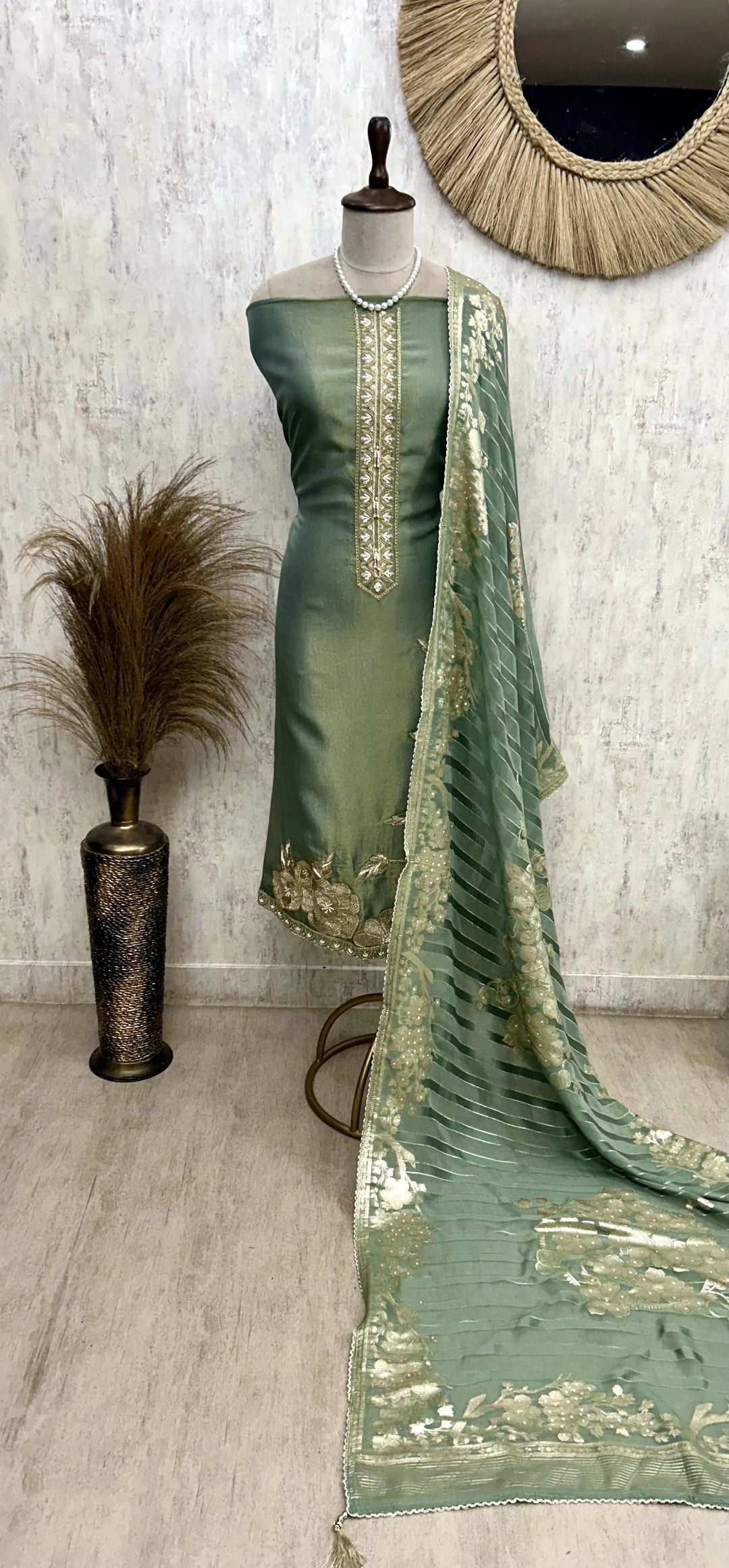 Tissue Unstitched Suit Set With Organza Dupatta
