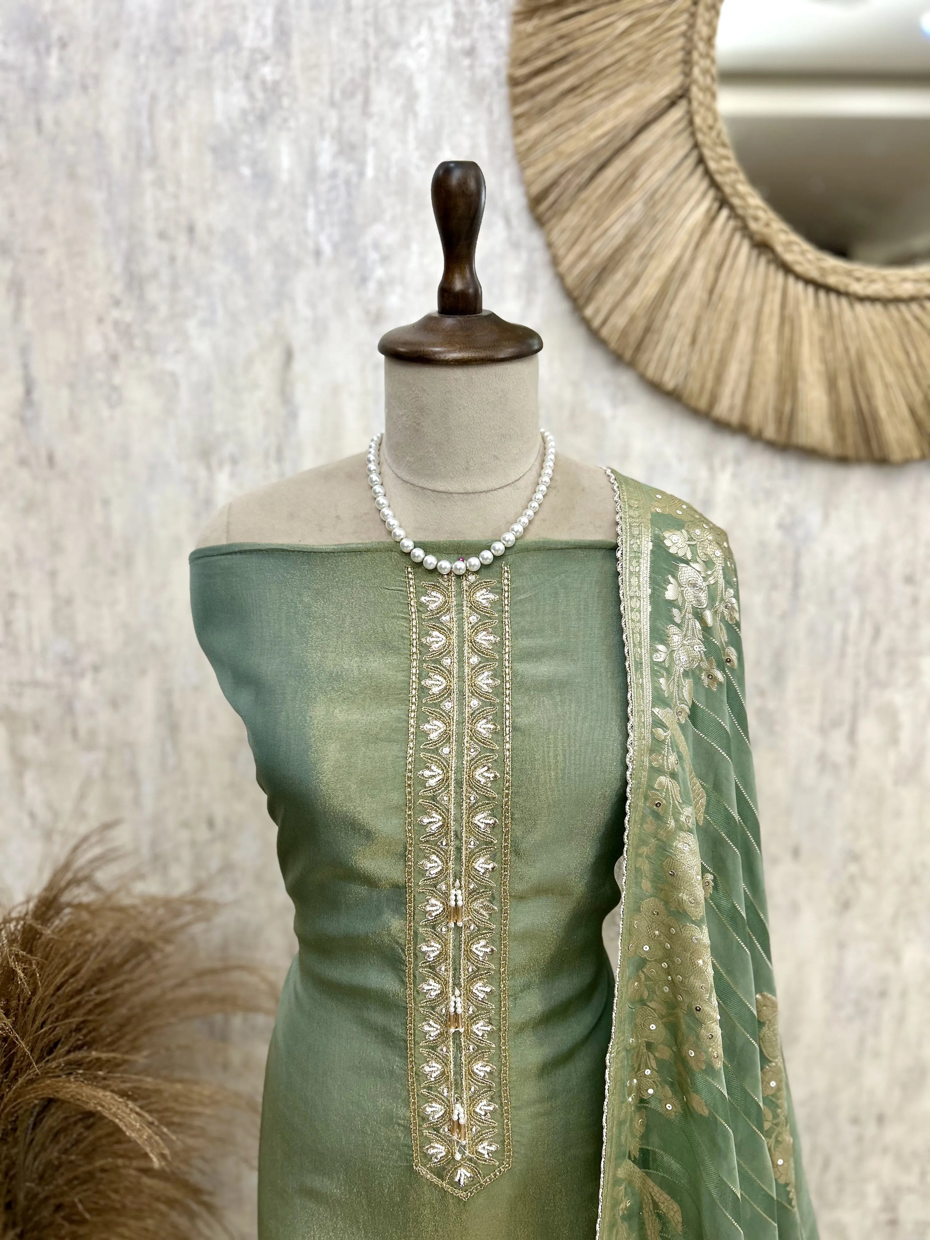 Tissue Unstitched Suit Set With Organza Dupatta