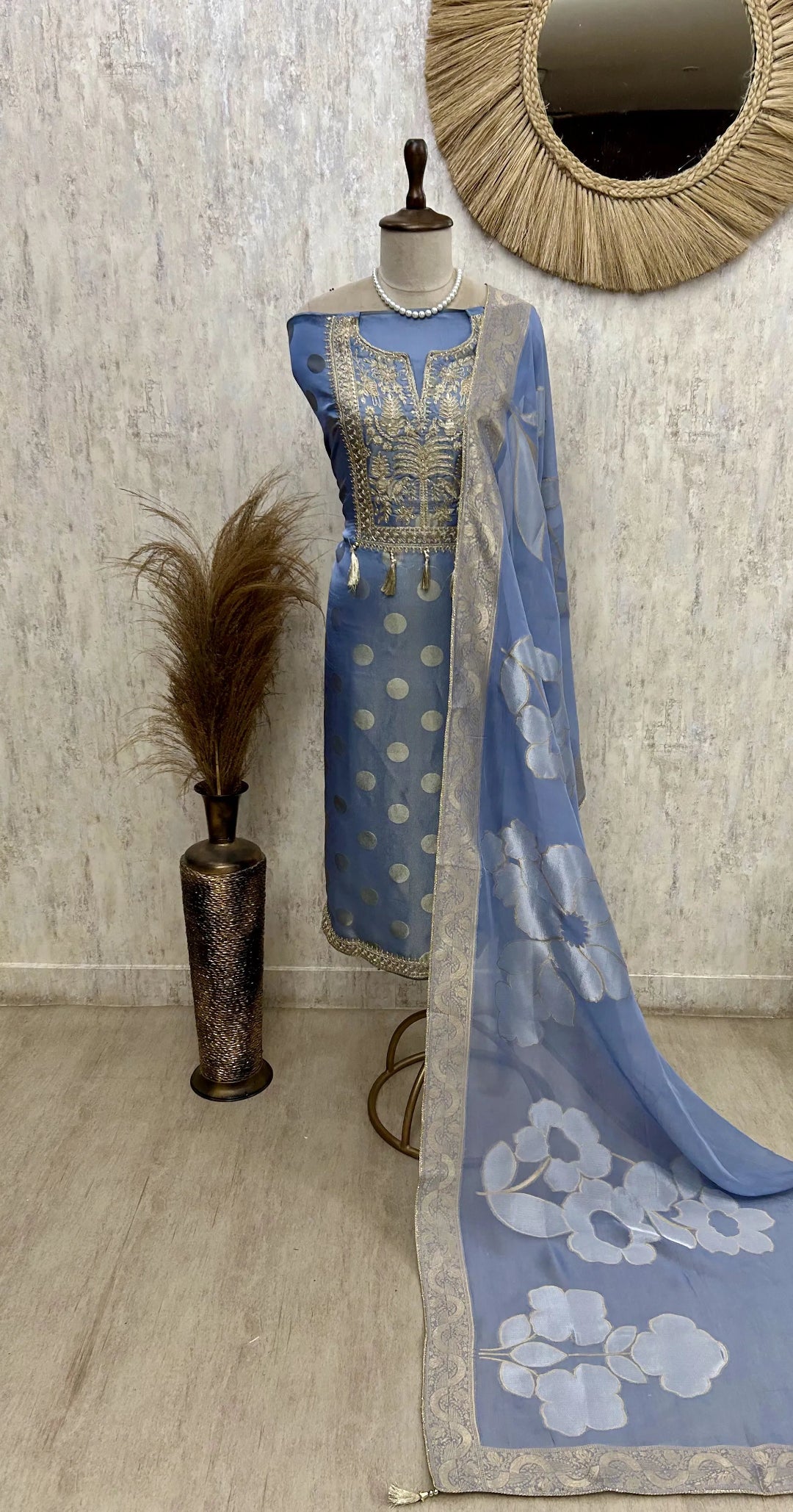 Tissue Unstitched Suit Set Featuring Organza Dupatta