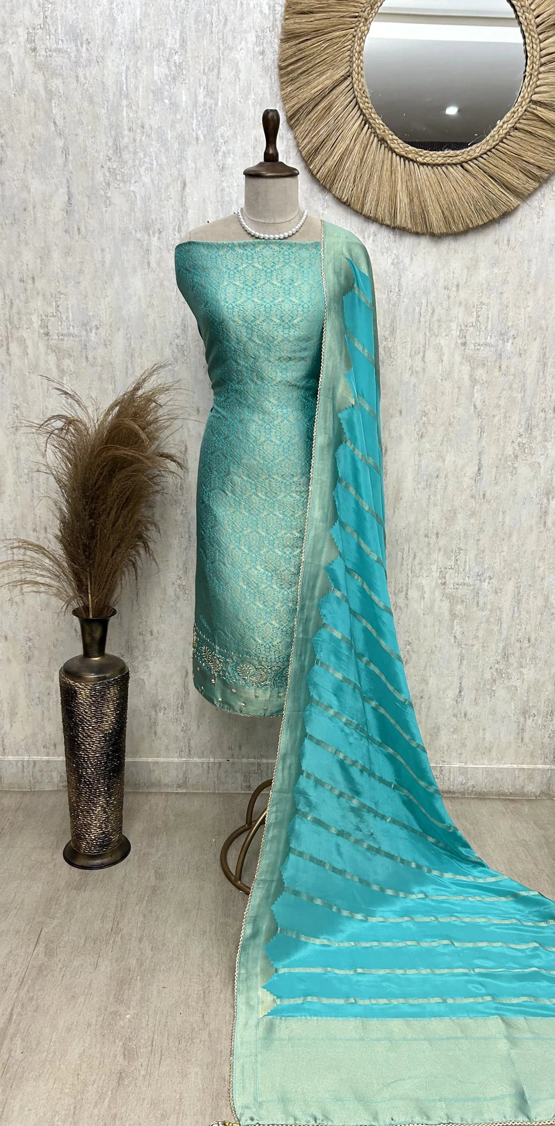 Brocade Silk Unstitched Suit Set featuring Silk Dupatta