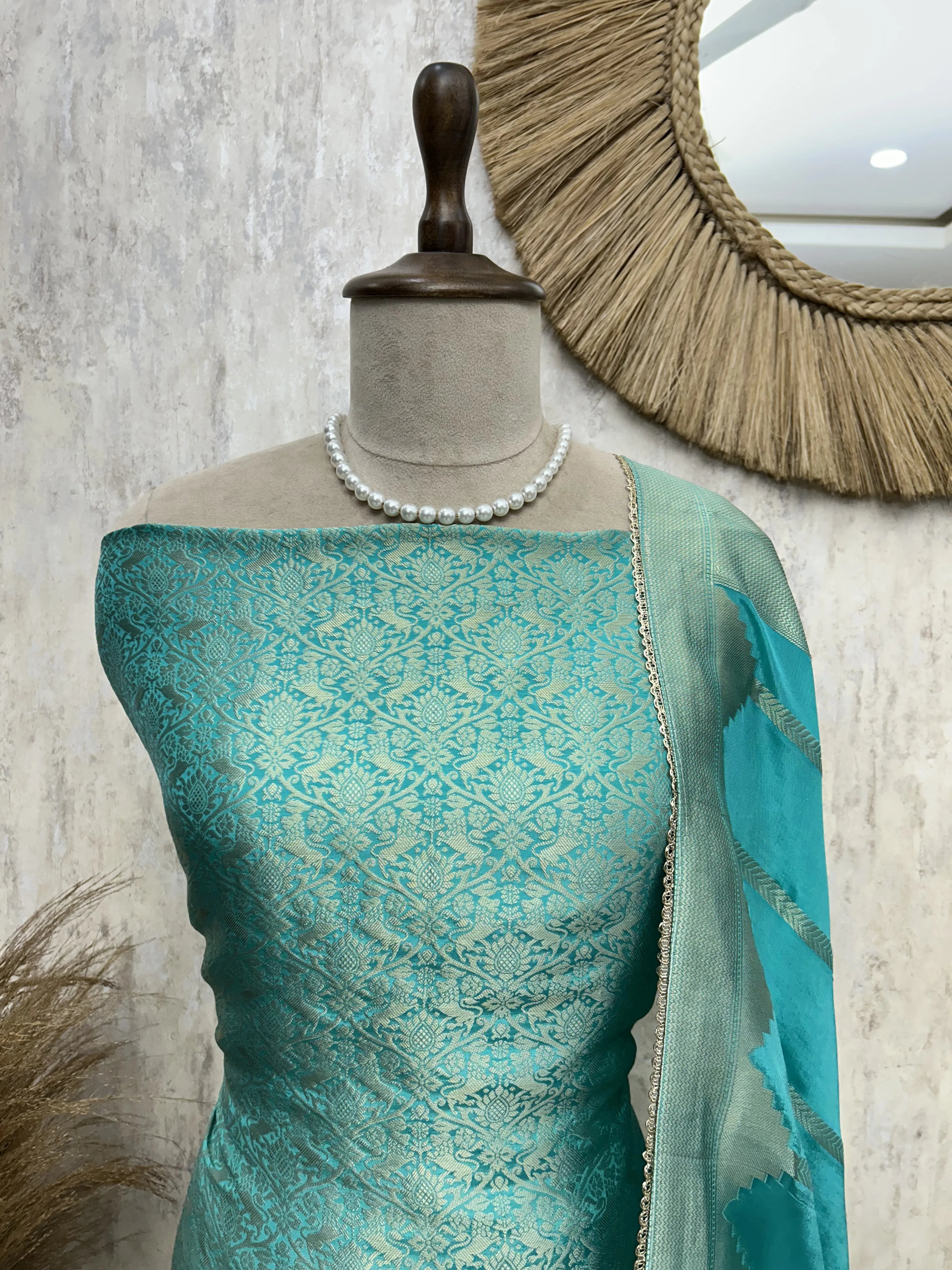 Brocade Silk Unstitched Suit Set featuring Silk Dupatta