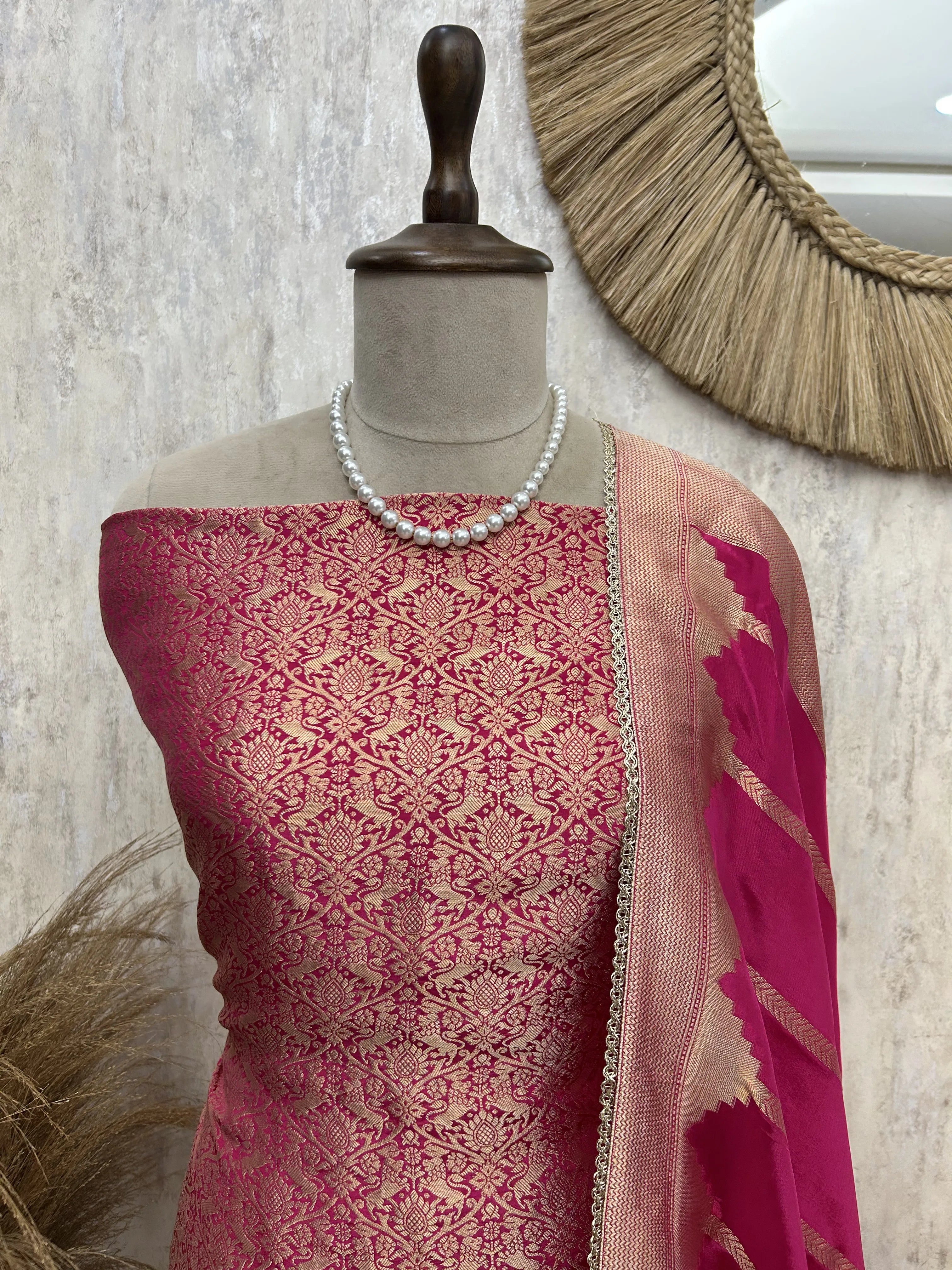 Brocade Silk Unstitched Suit Set featuring Silk Dupatta