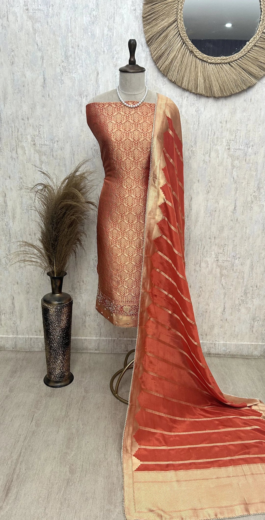 Brocade Silk Unstitched Suit Set featuring Silk Dupatta