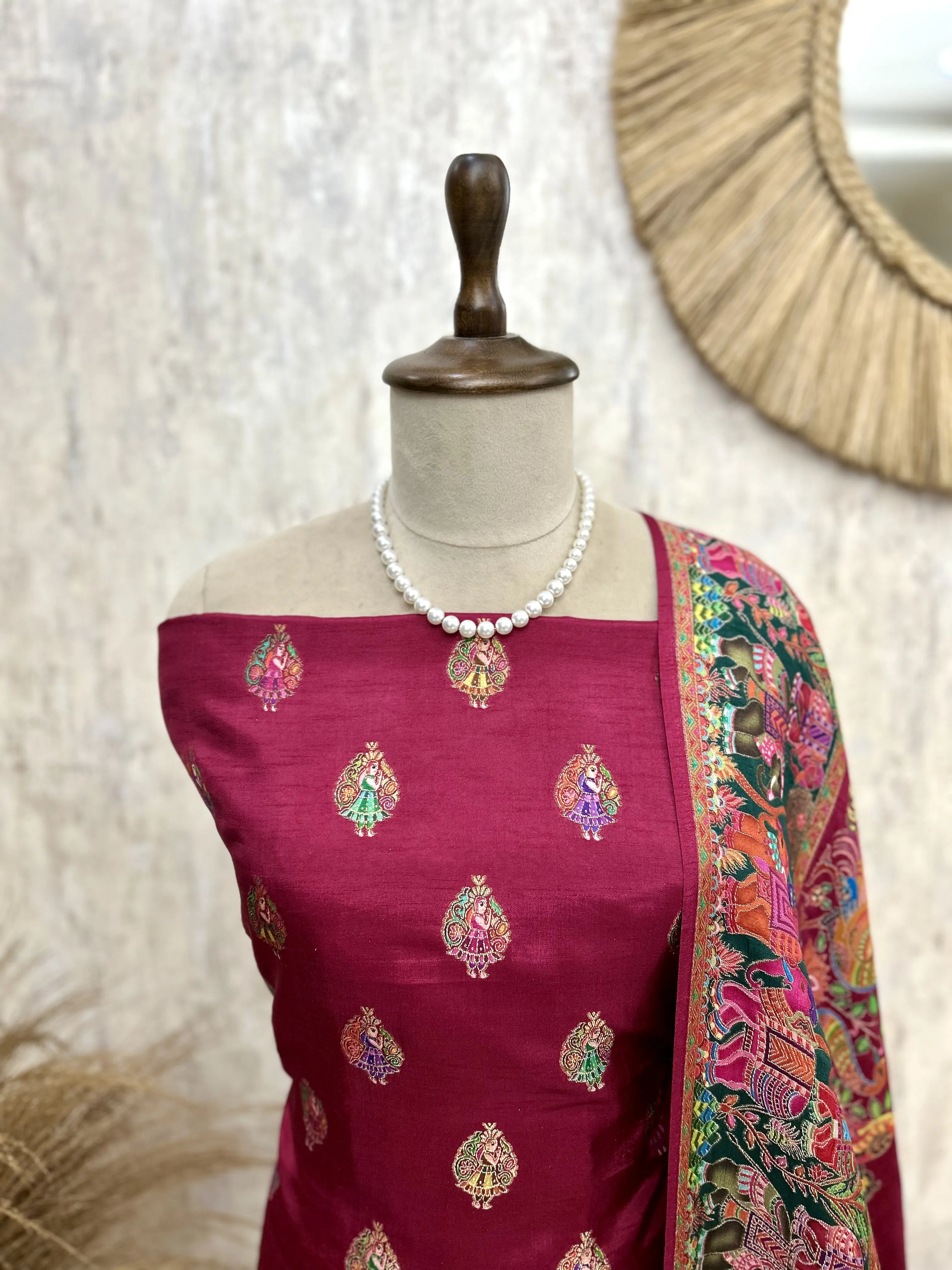 Silk Unstitched Suit Set Featuring Silk Dupatta