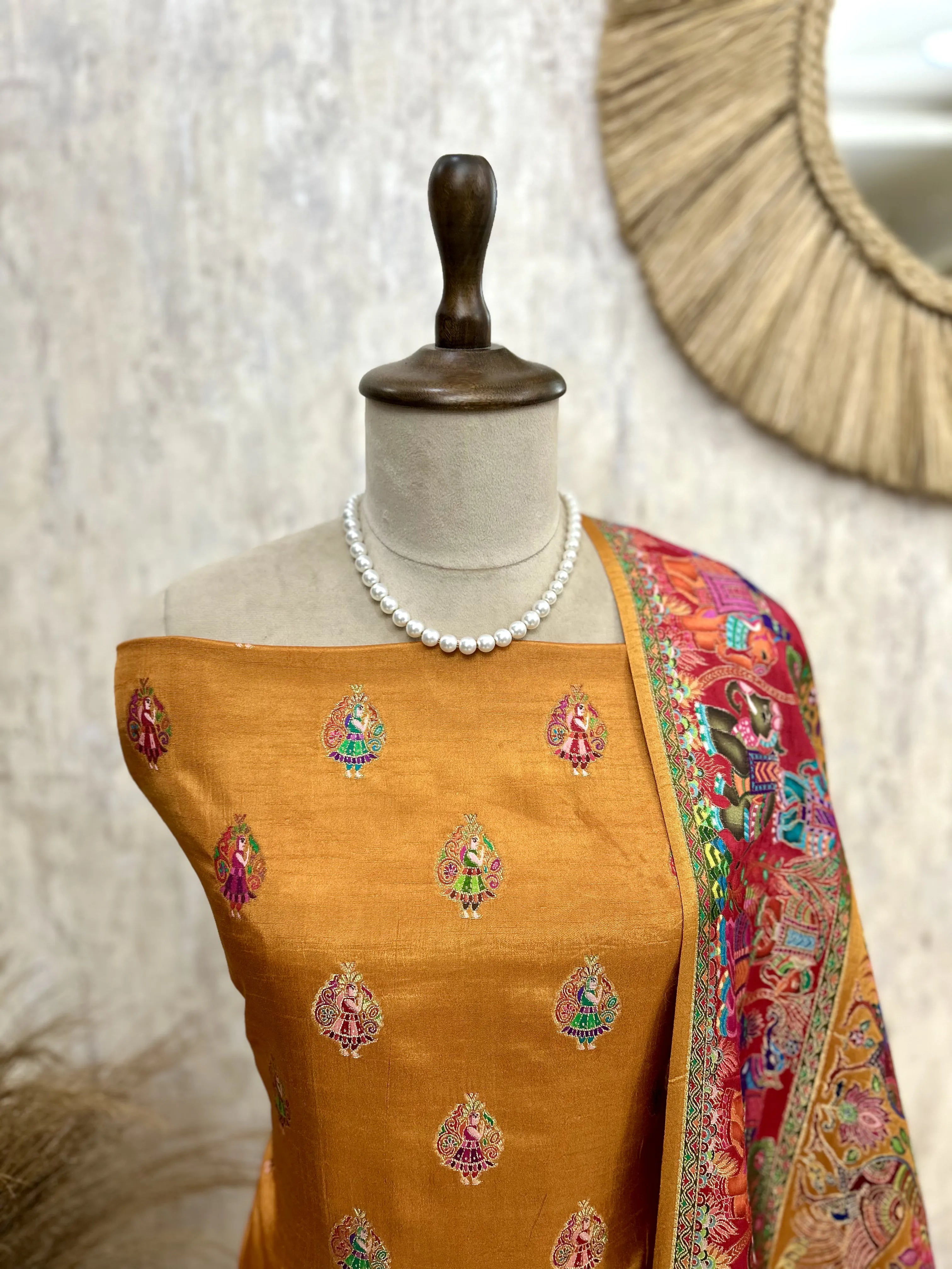 Silk Unstitched Suit Set Featuring Silk Dupatta