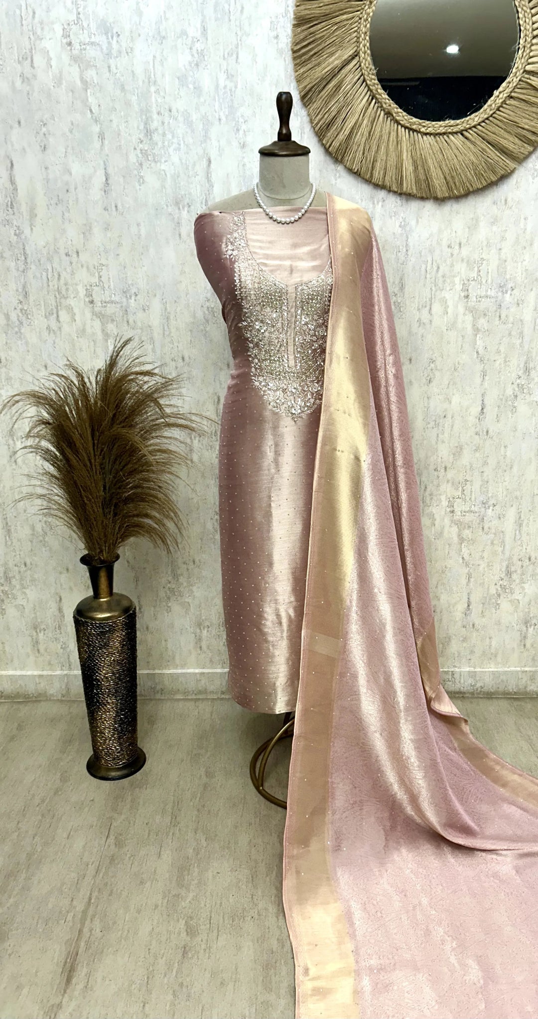 Tissue Unstitched Suit Set Featuring Brocade Tissue Dupatta