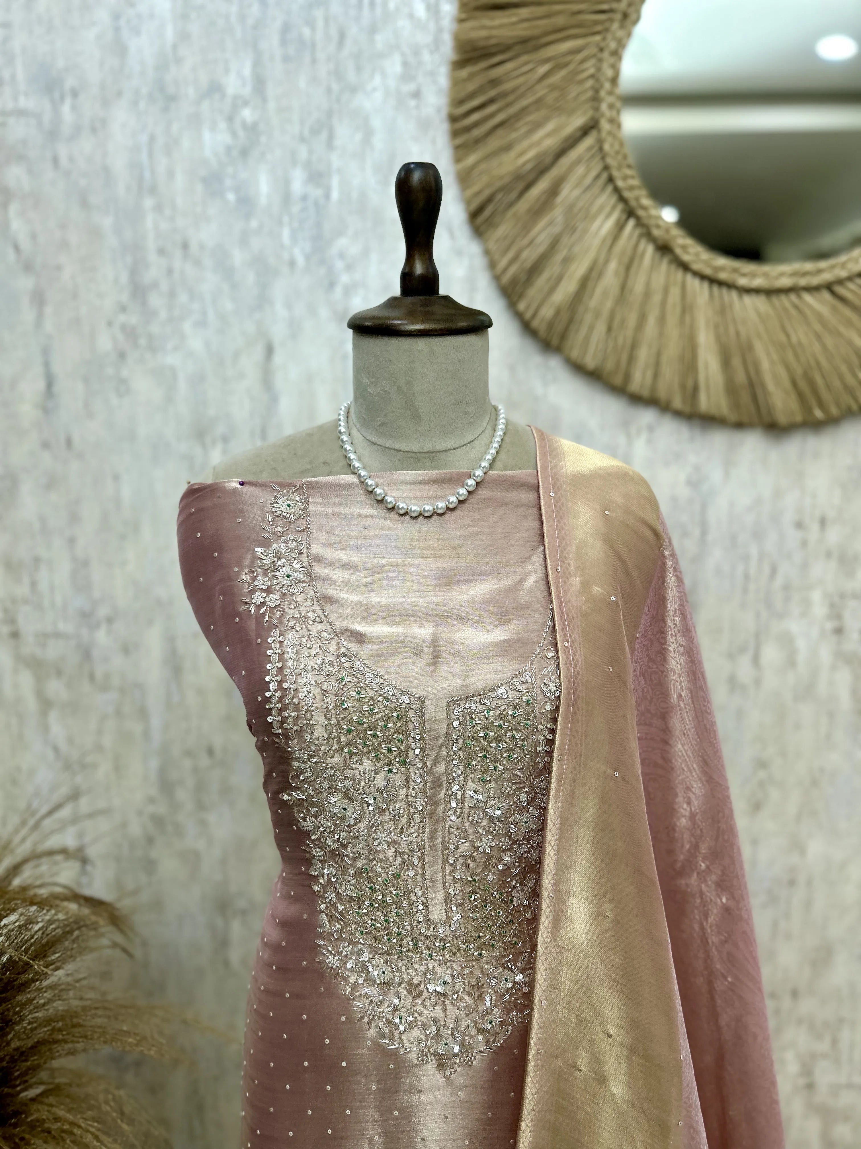 Tissue Unstitched Suit Set Featuring Brocade Tissue Dupatta