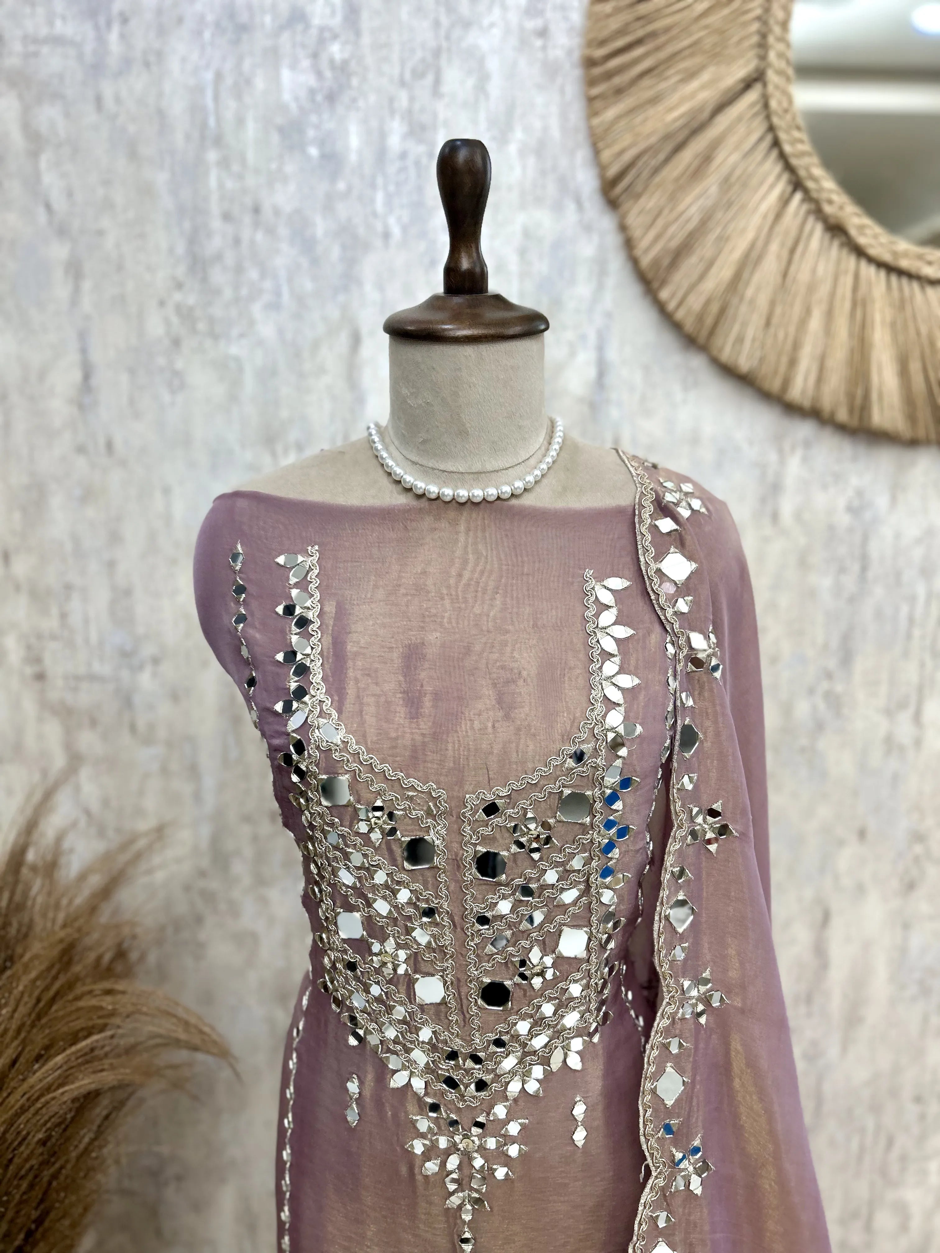 Tissue Unstitched Suit Set With Tissue Dupatta Featuring Mirror Work