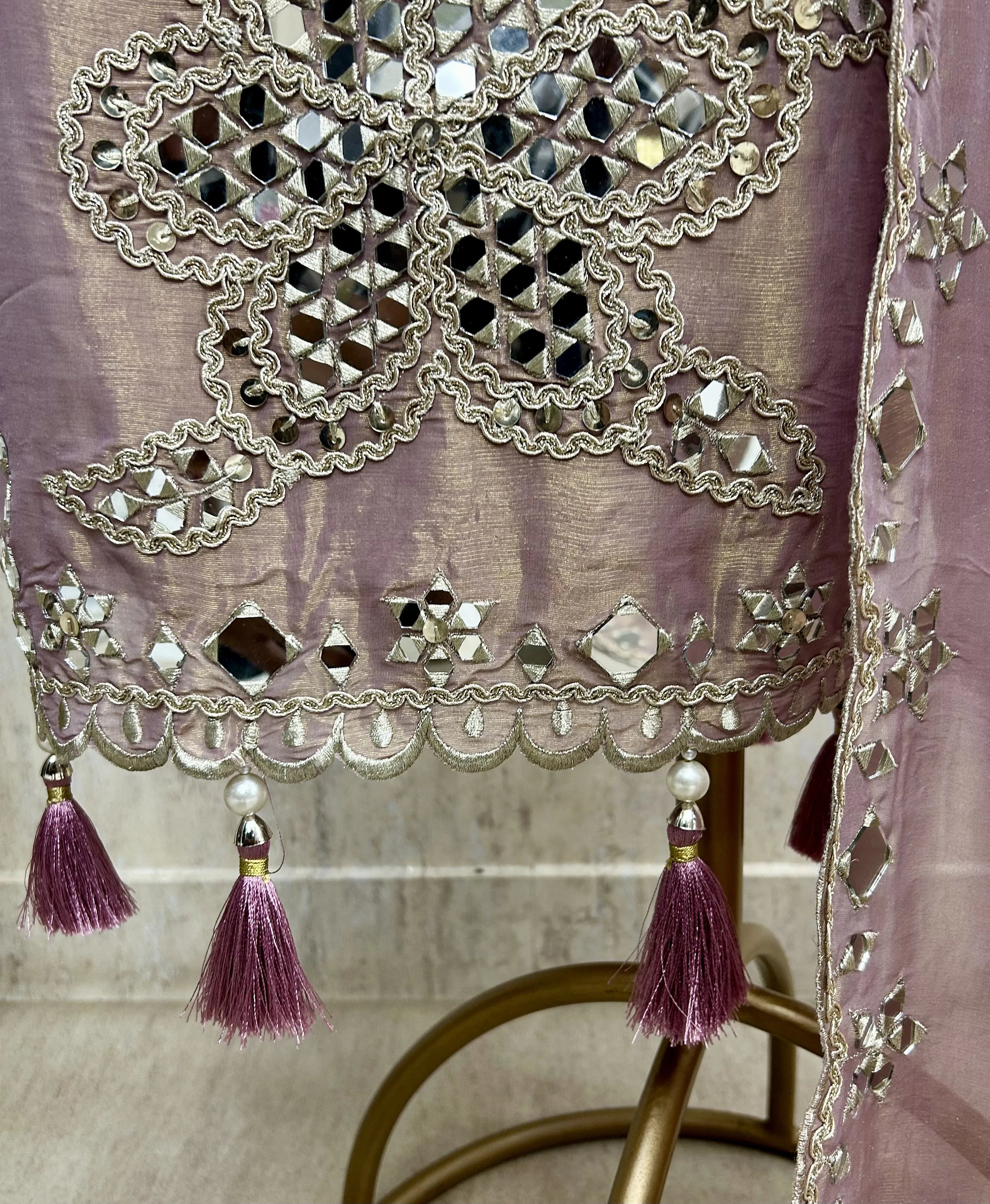 Tissue Unstitched Suit Set With Tissue Dupatta Featuring Mirror Work