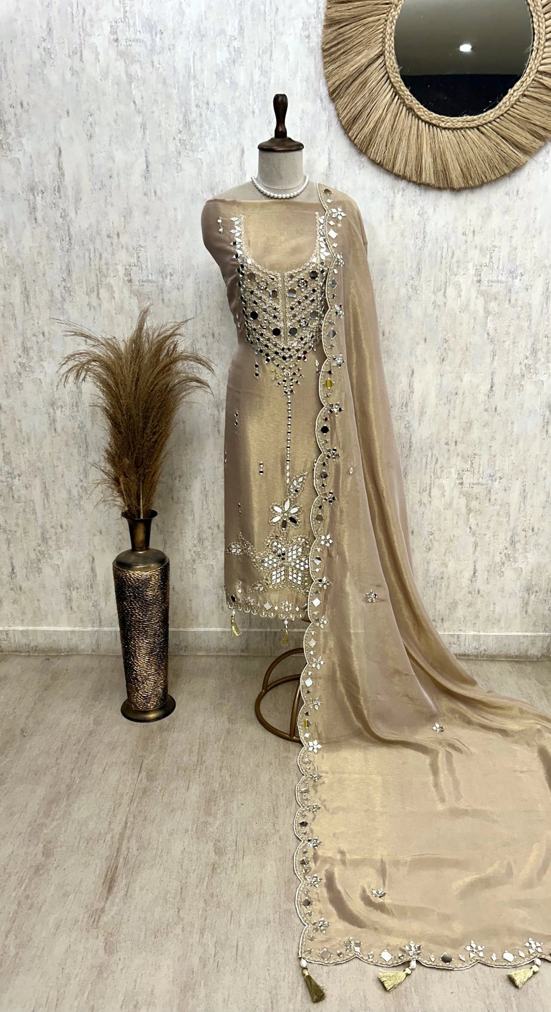 Tissue Unstitched Suit Set With Tissue Dupatta Featuring Mirror Work