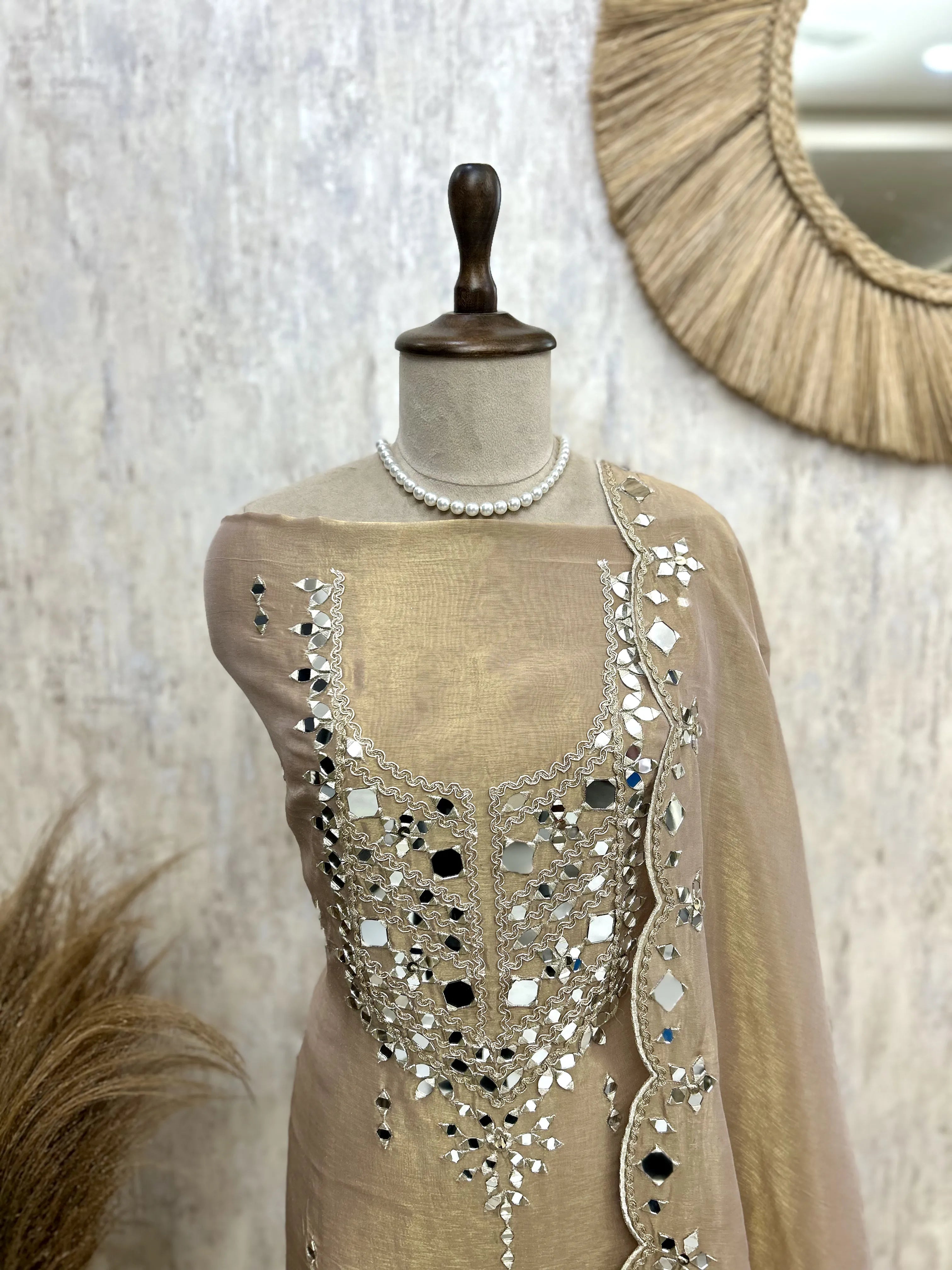 Tissue Unstitched Suit Set With Tissue Dupatta Featuring Mirror Work