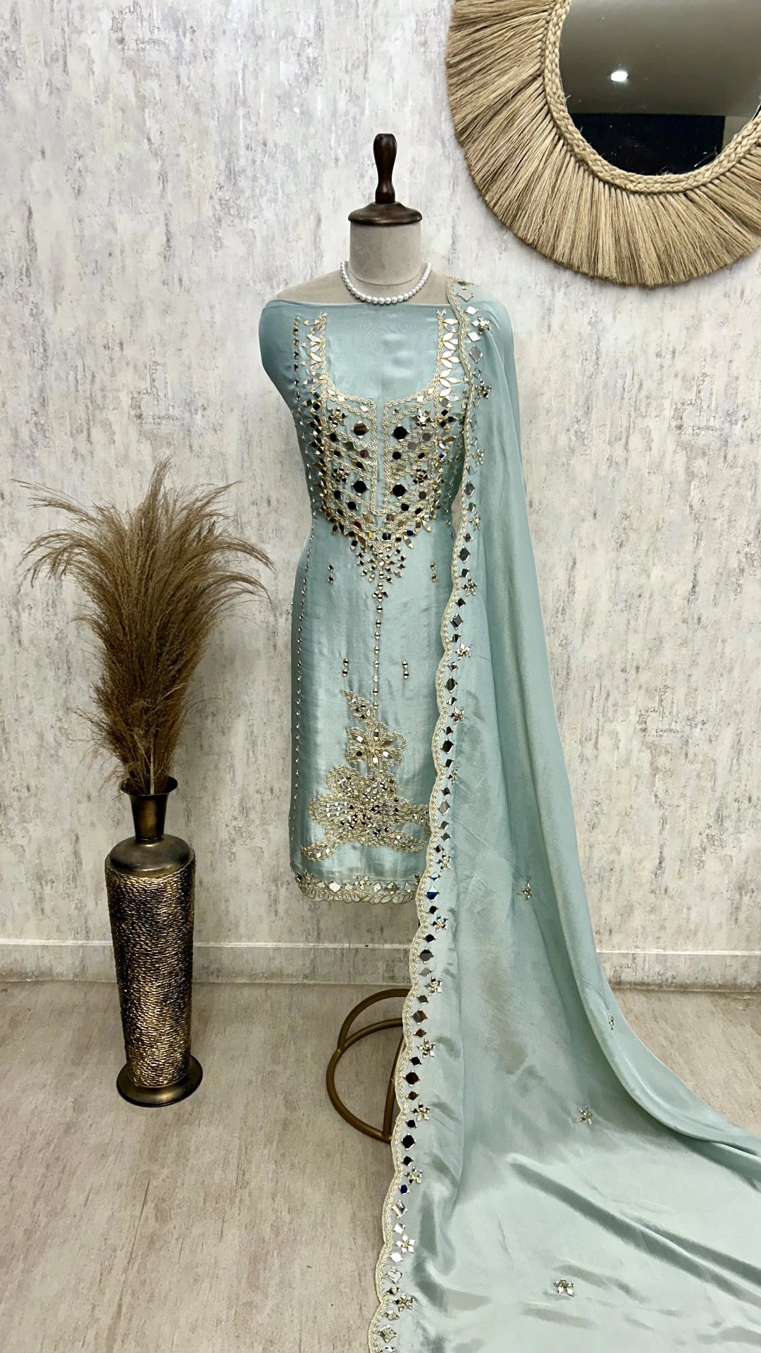 Tissue Unstitched Suit Set With Tissue Dupatta Featuring Mirror Work