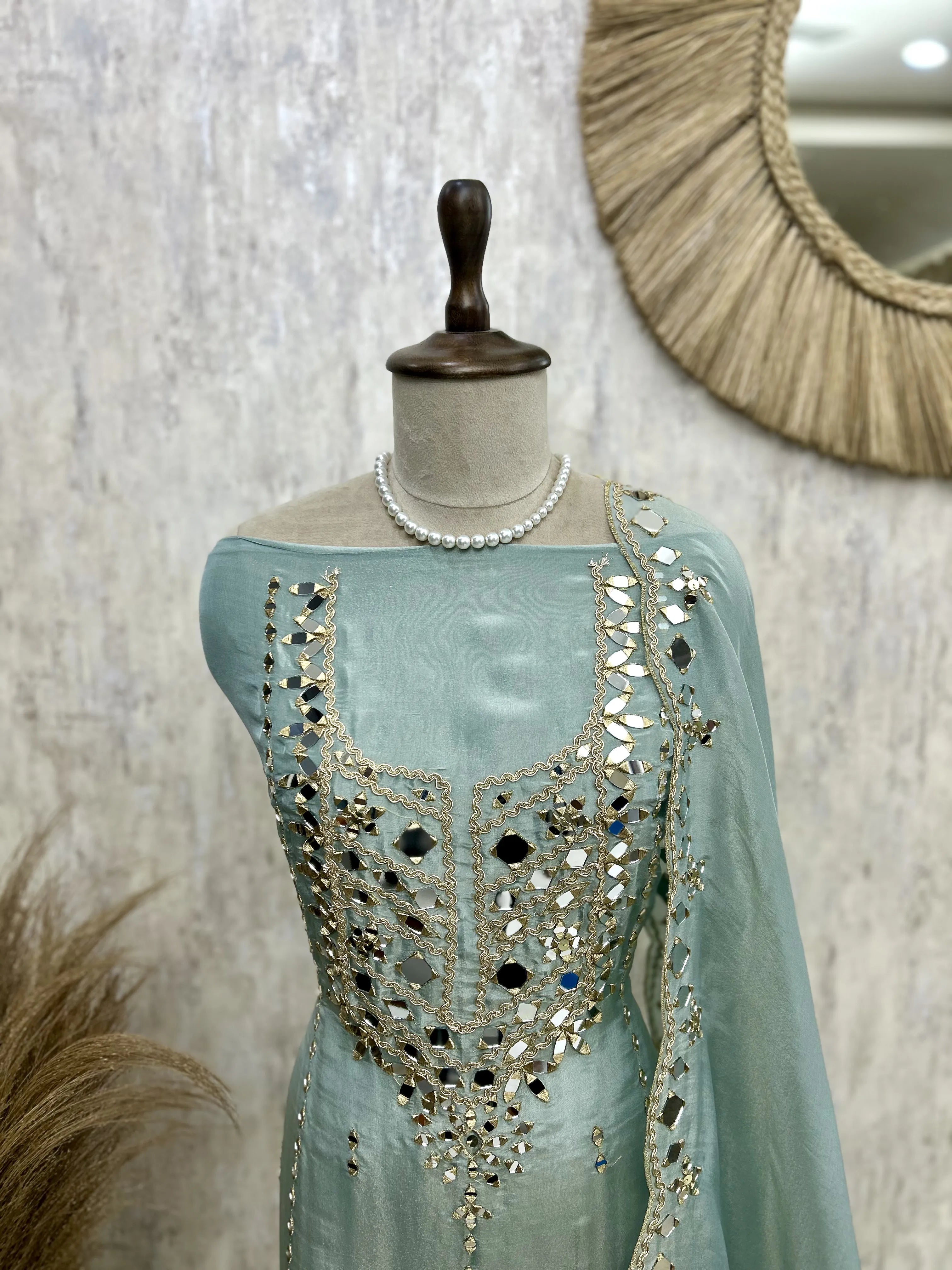 Tissue Unstitched Suit Set With Tissue Dupatta Featuring Mirror Work