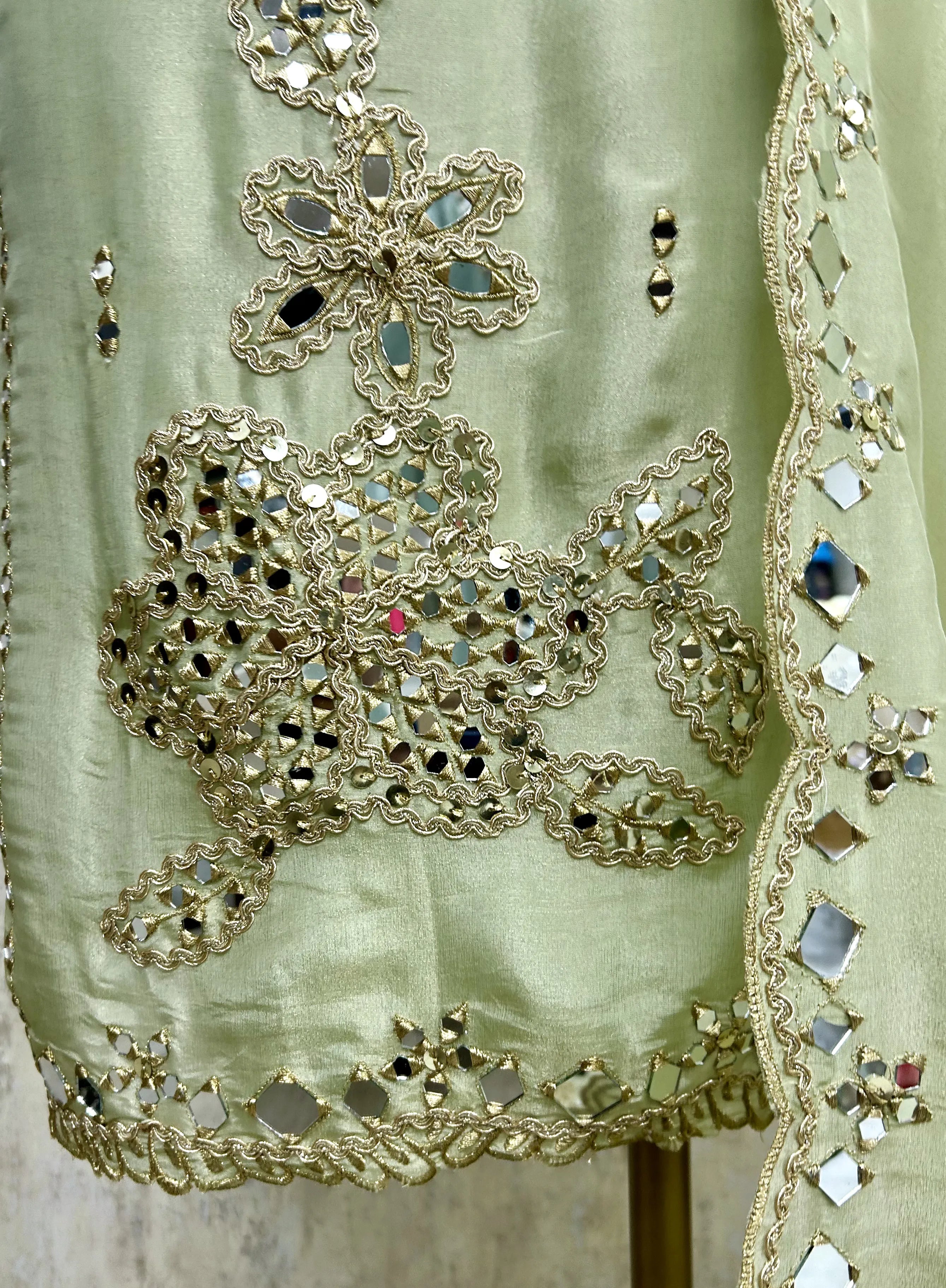 Tissue Unstitched Suit Set With Tissue Dupatta Featuring Mirror Work