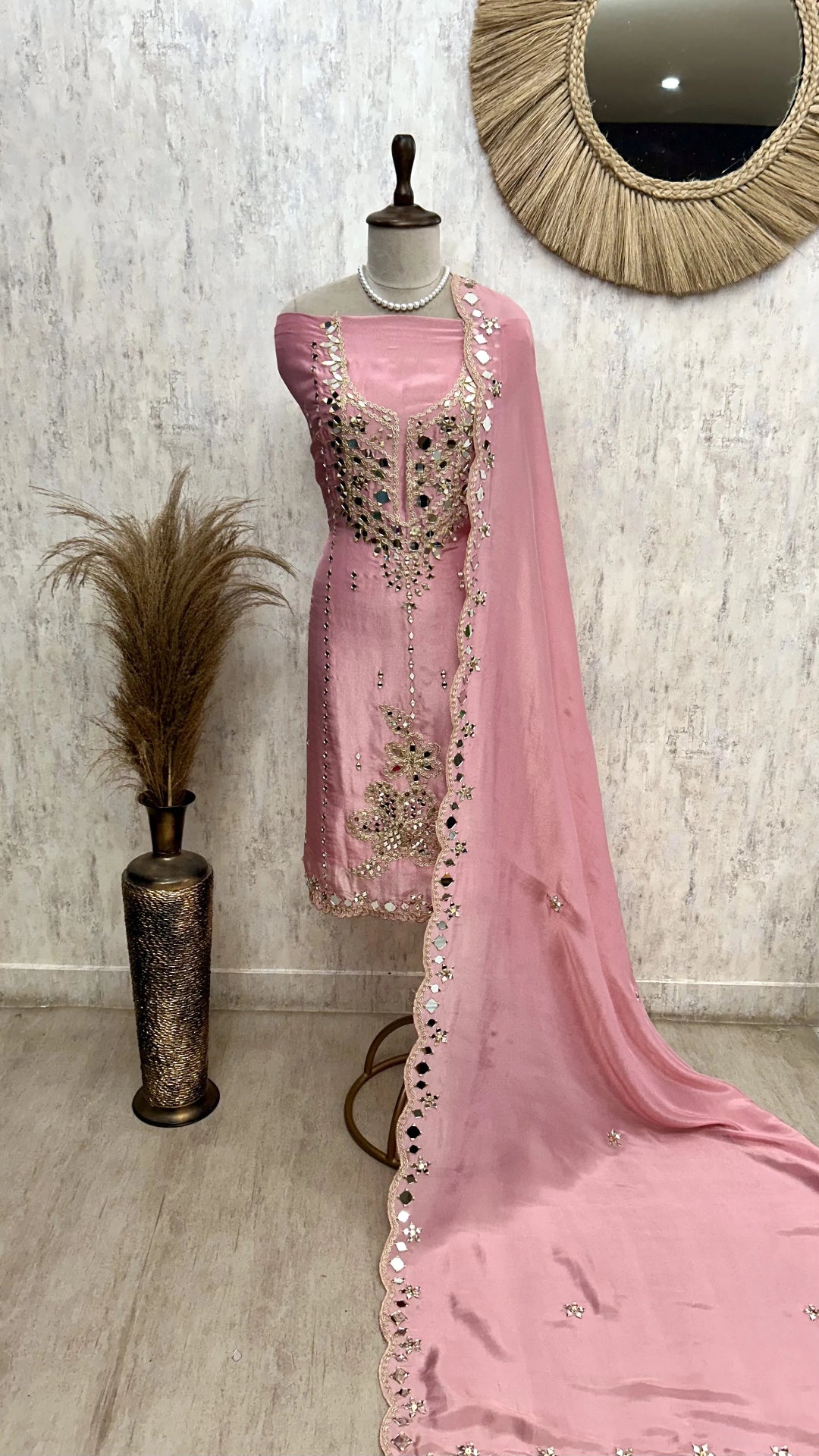 Tissue Unstitched Suit Set With Tissue Dupatta Featuring Mirror Work