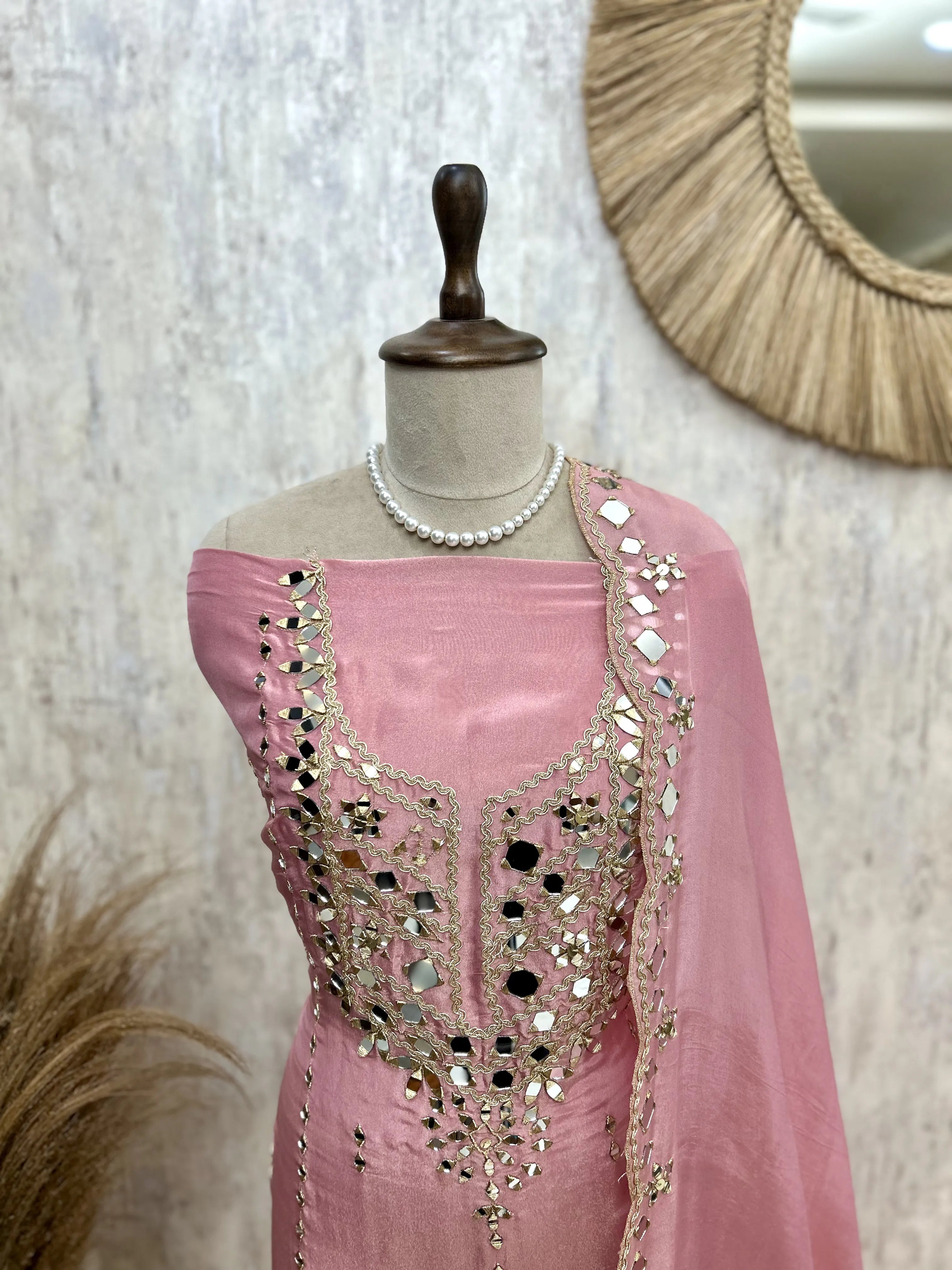 Tissue Unstitched Suit Set With Tissue Dupatta Featuring Mirror Work