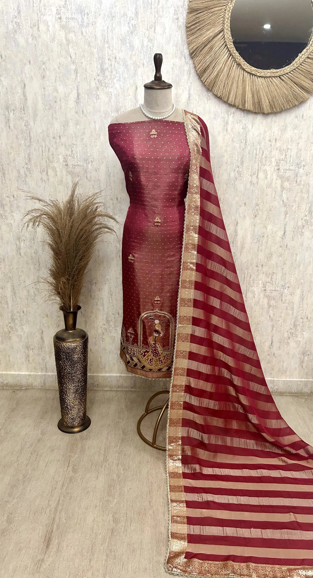 Karwa Chauth Special Unstitched Tissue Suit Set With Organza Dupatta