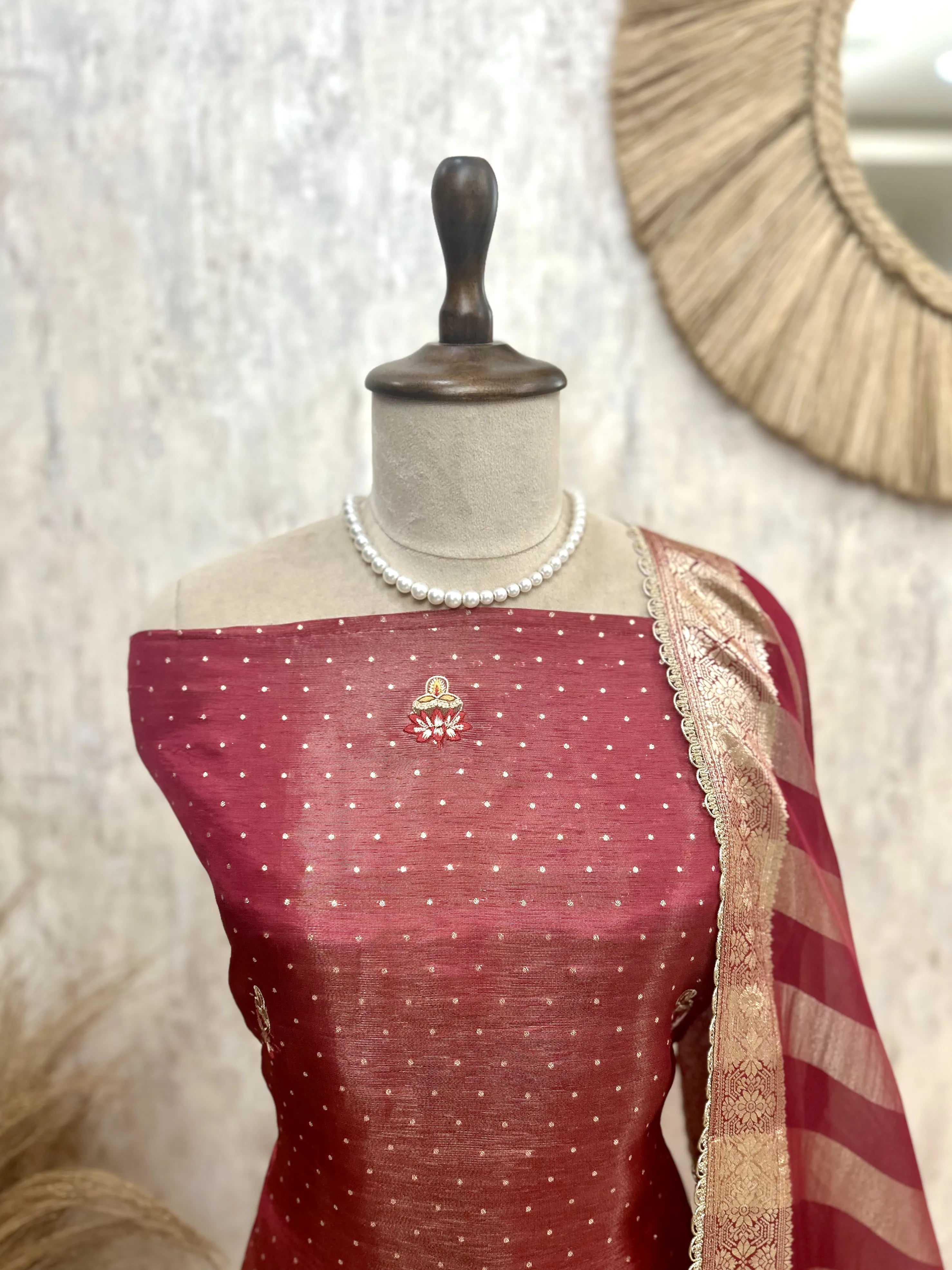 Karwa Chauth Special Unstitched Tissue Suit Set With Organza Dupatta