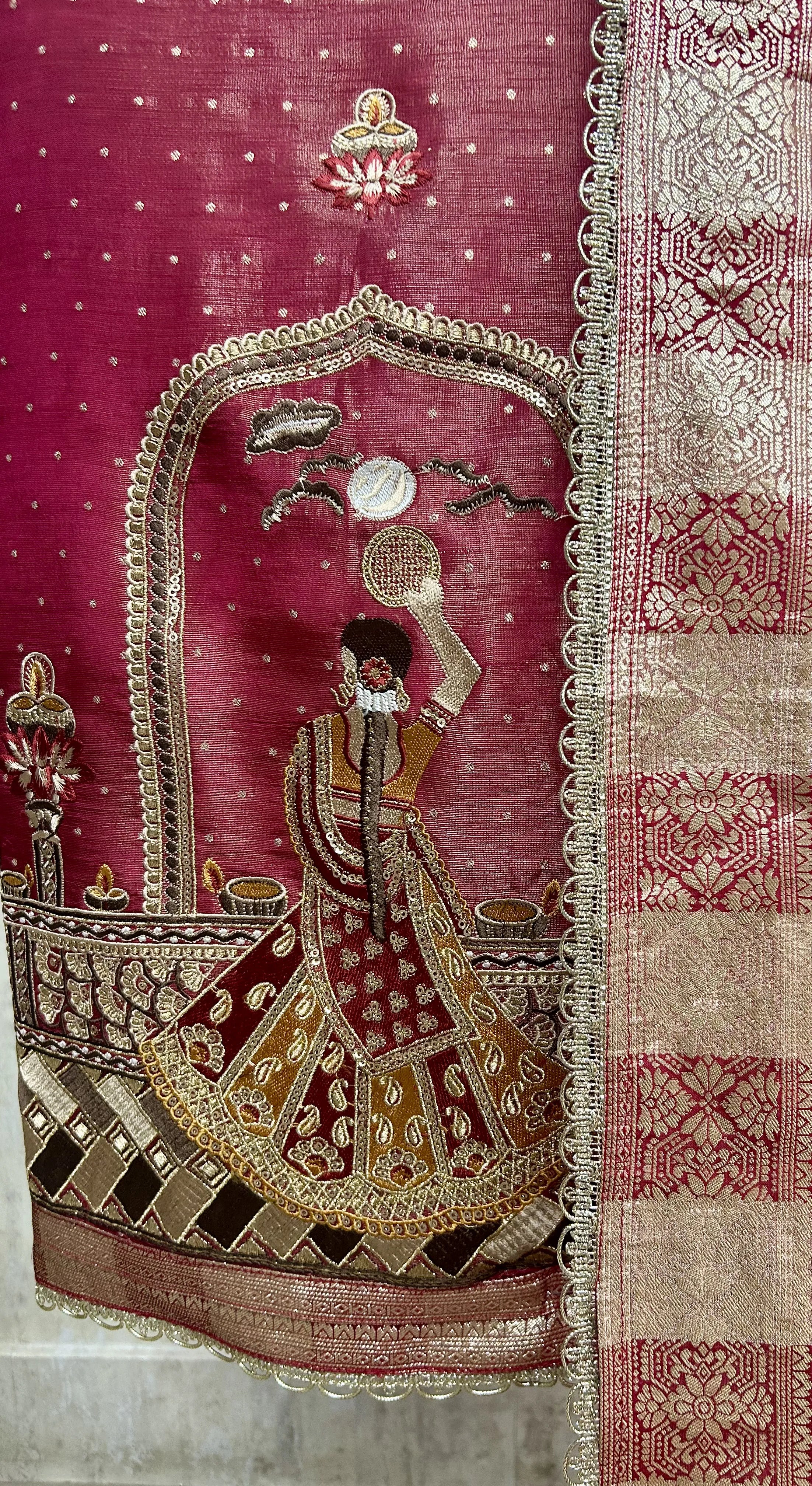 Karwa Chauth Special Unstitched Tissue Suit Set With Organza Dupatta