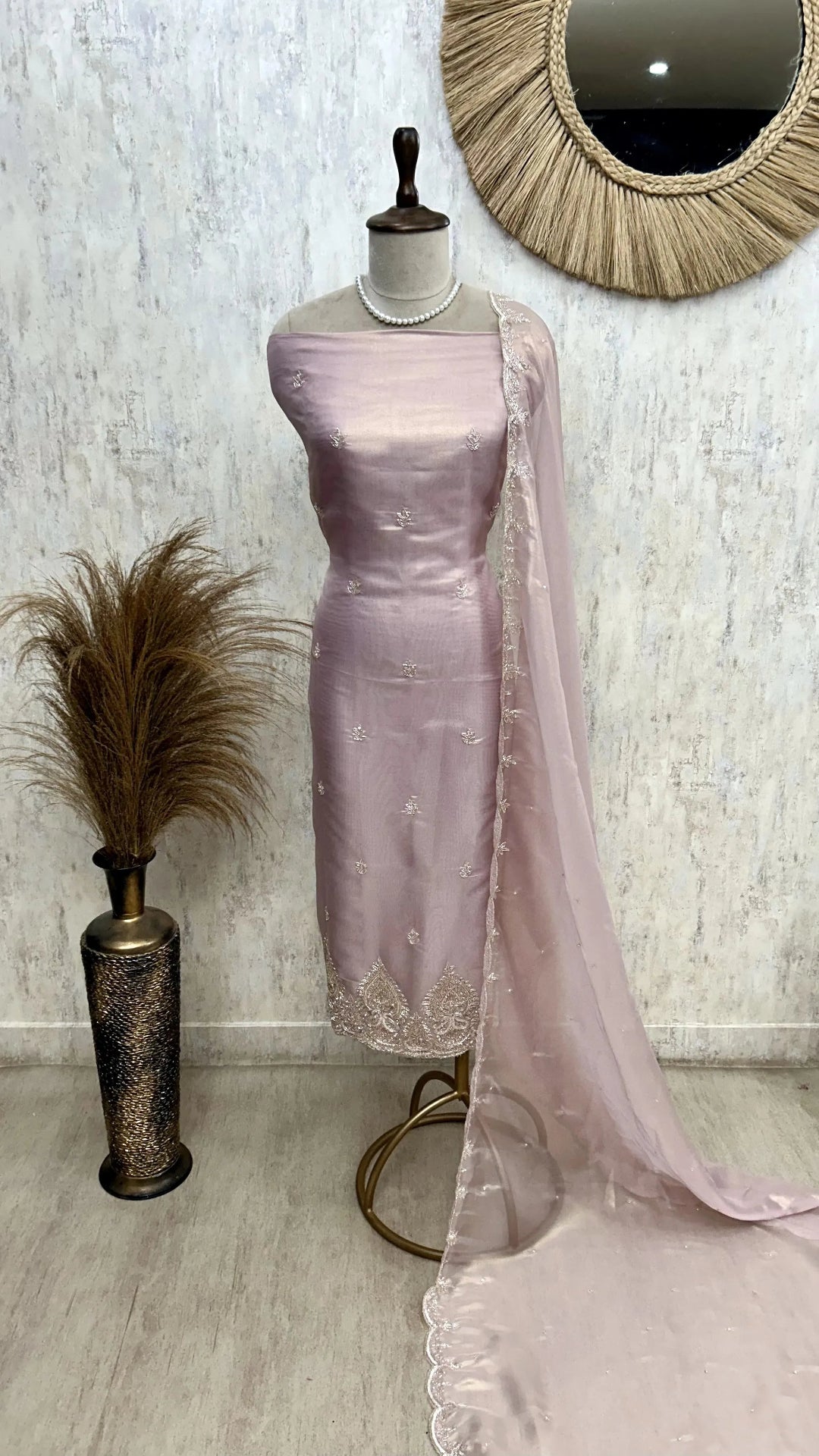 Glass Organza Unstitched Suit Set With Glass Organza Dupatta