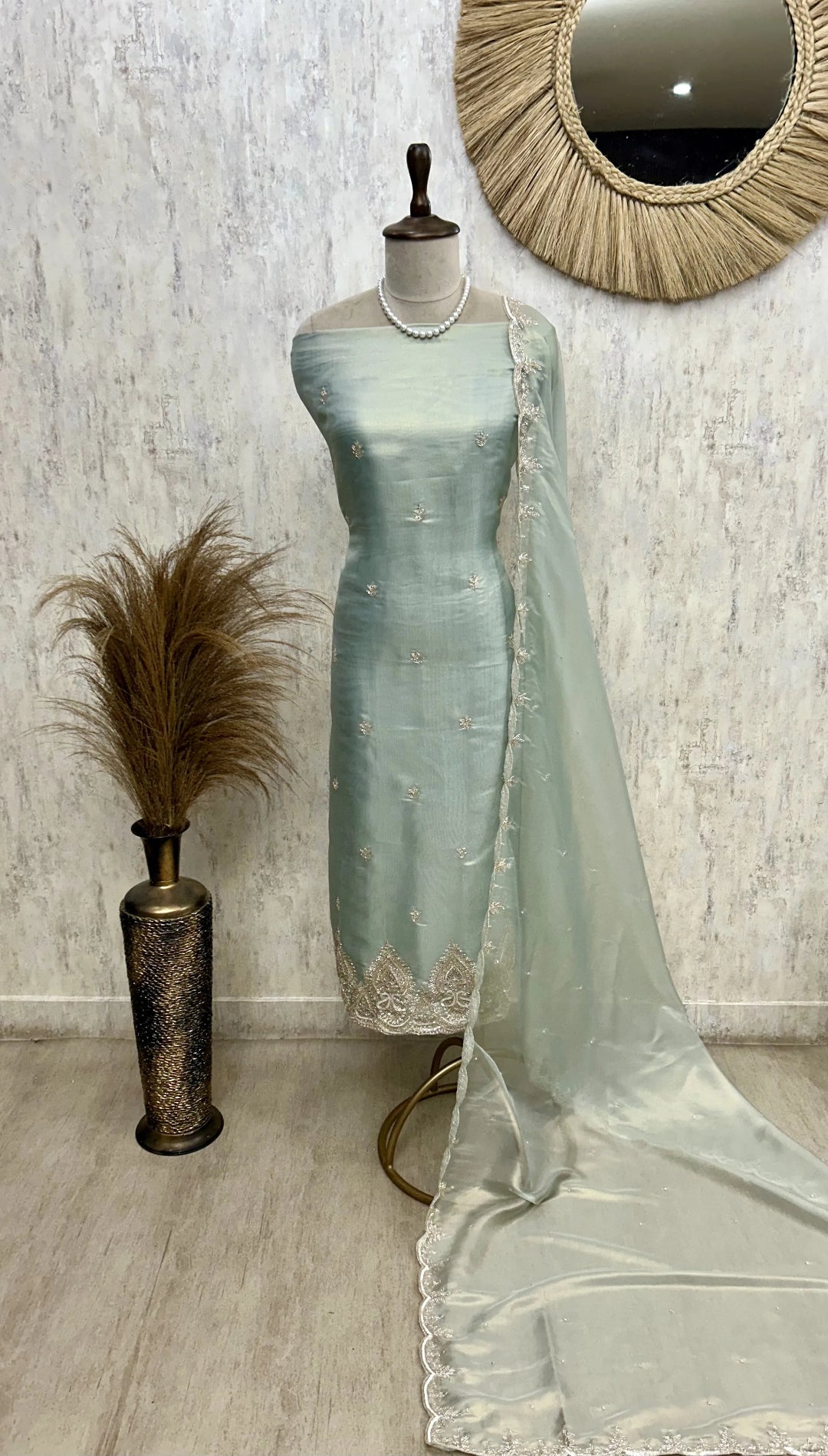 Glass Organza Unstitched Suit Set With Glass Organza Dupatta