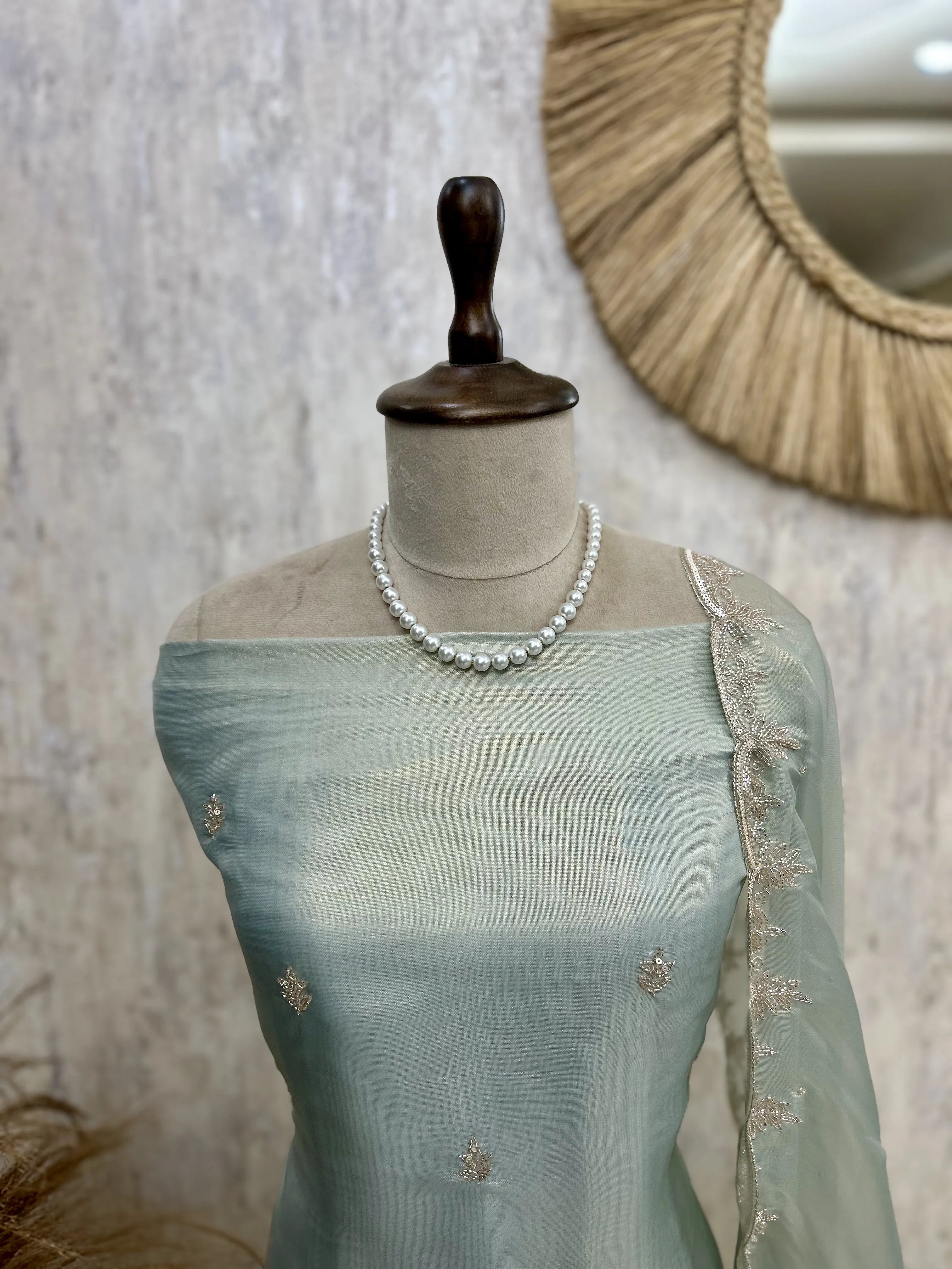 Glass Organza Unstitched Suit Set With Glass Organza Dupatta