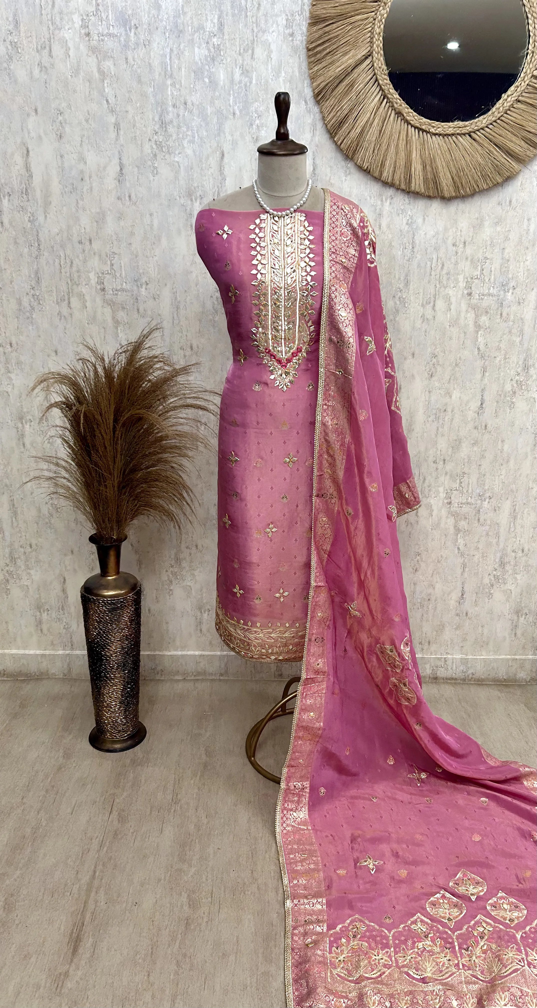 Tissue Unstitched Suit Set Featuring Tissue Dupatta