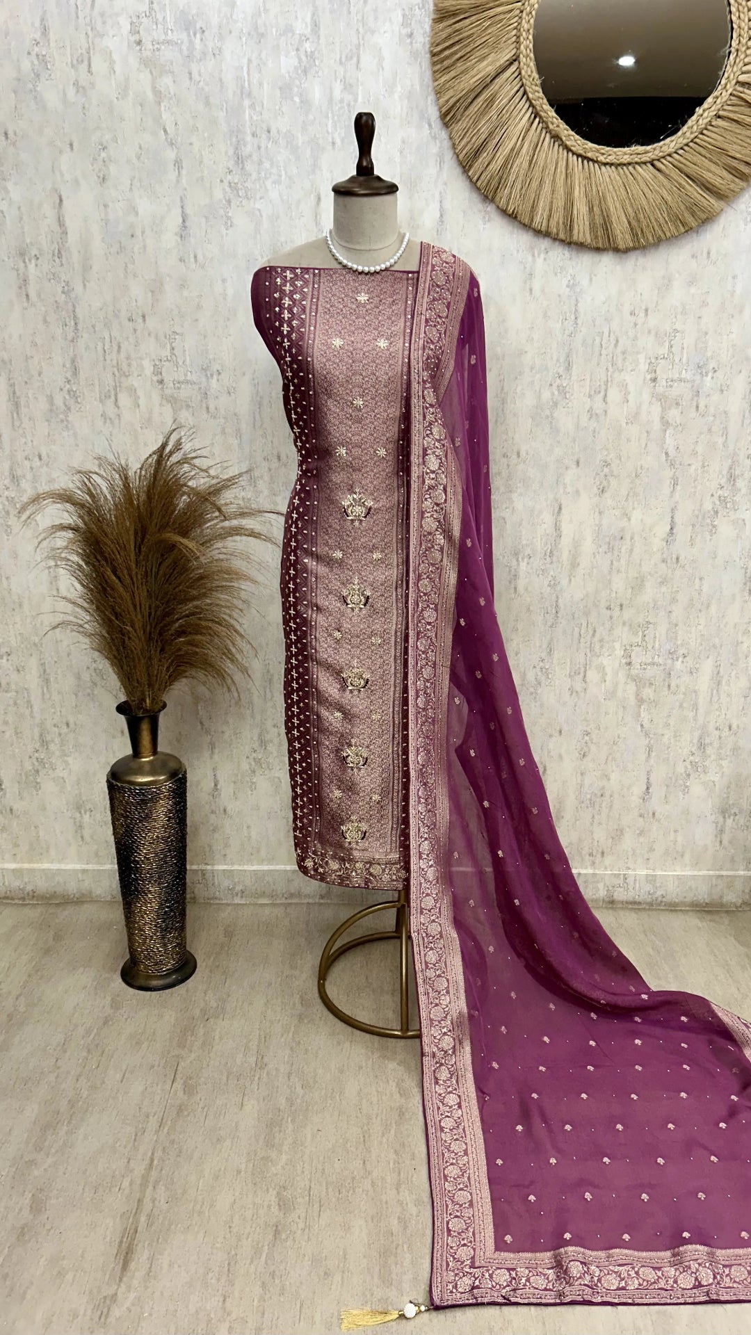 Brocade Silk Unstitched Suit Set Featuring Organza Dupatta