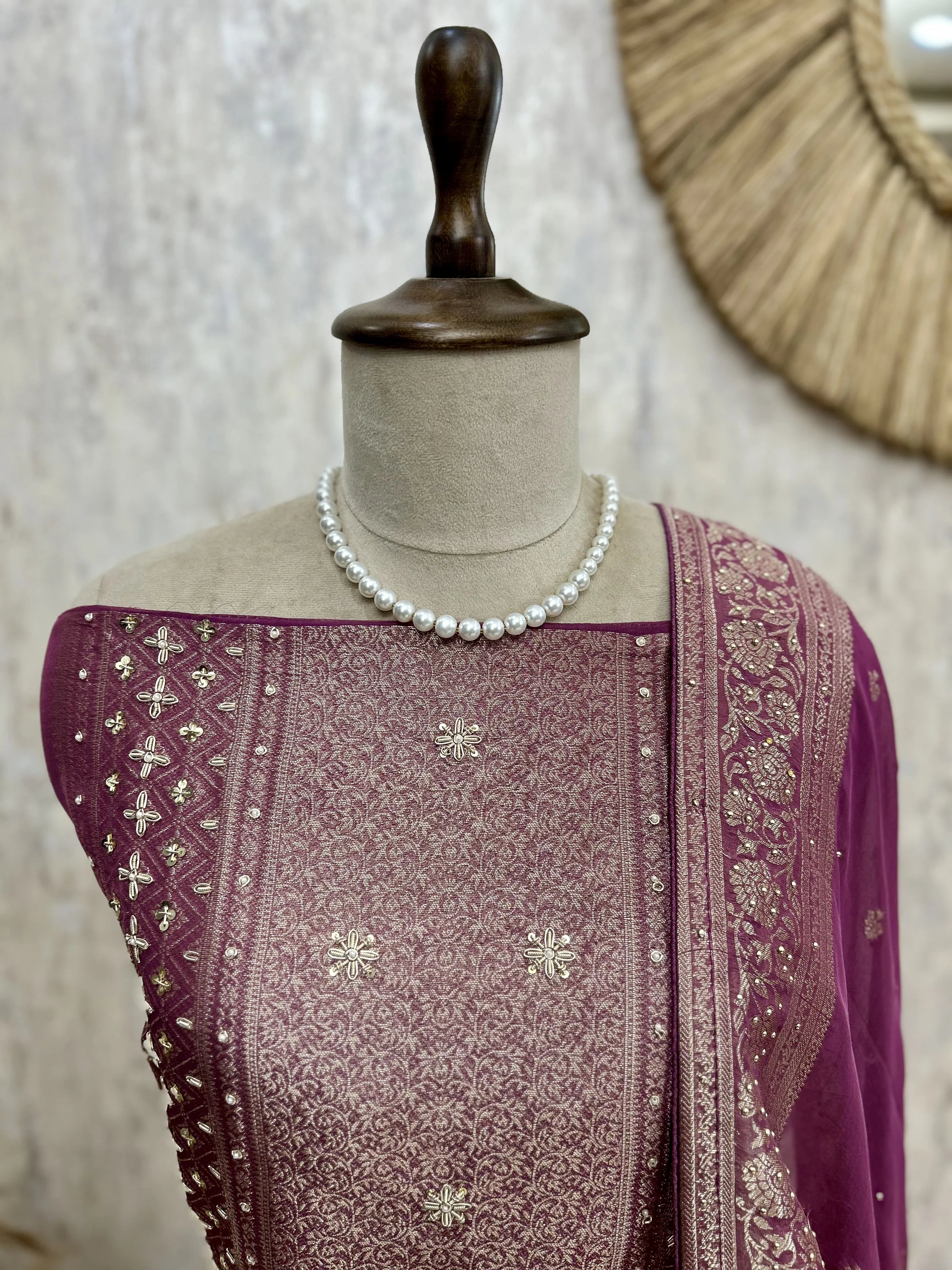 Brocade Silk Unstitched Suit Set Featuring Organza Dupatta