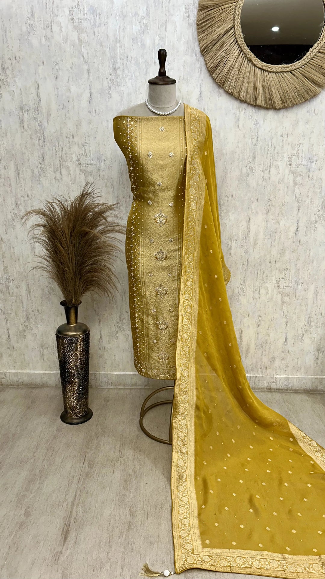 Brocade Silk Unstitched Suit Set Featuring Organza Dupatta