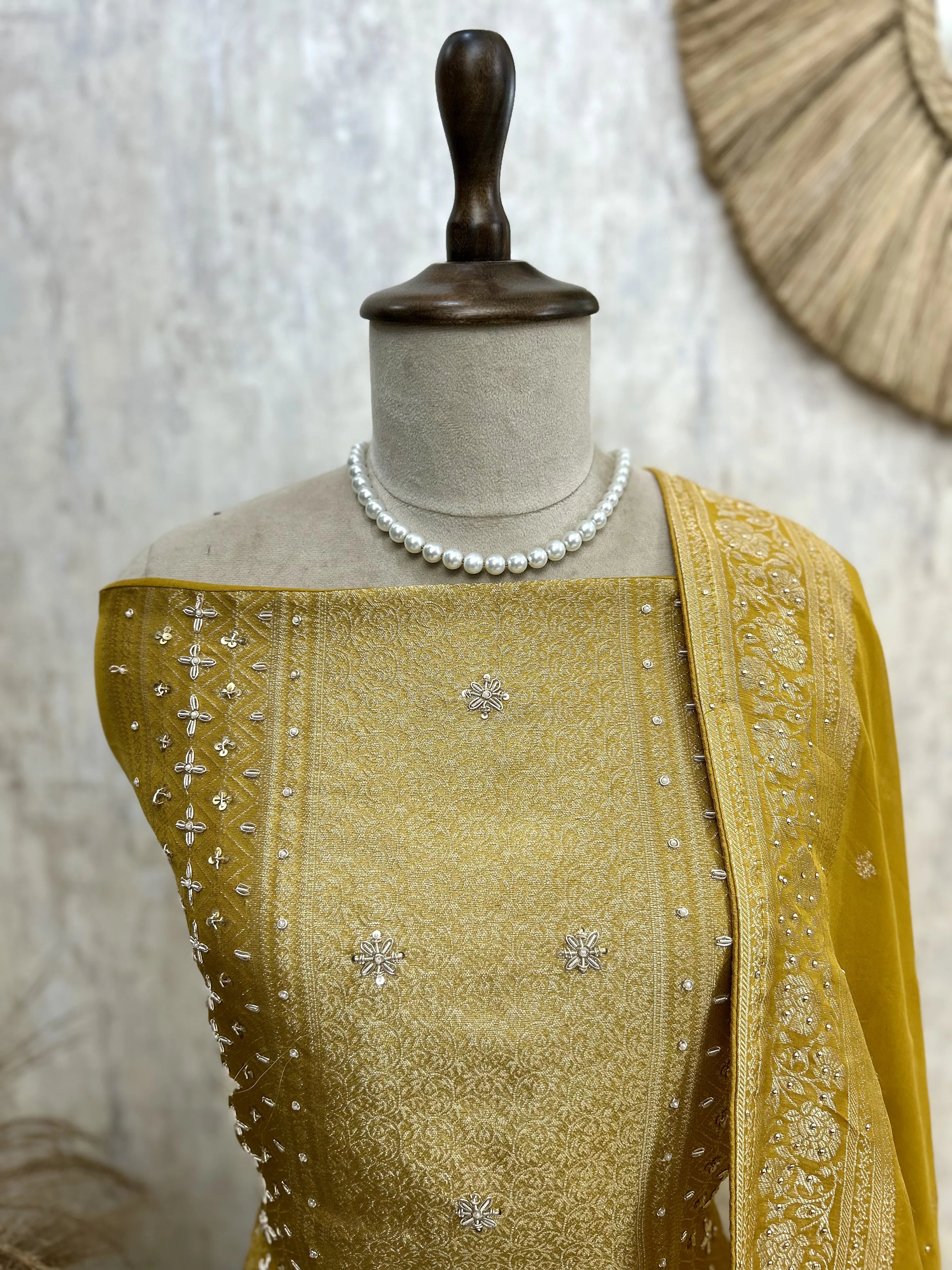 Brocade Silk Unstitched Suit Set Featuring Organza Dupatta