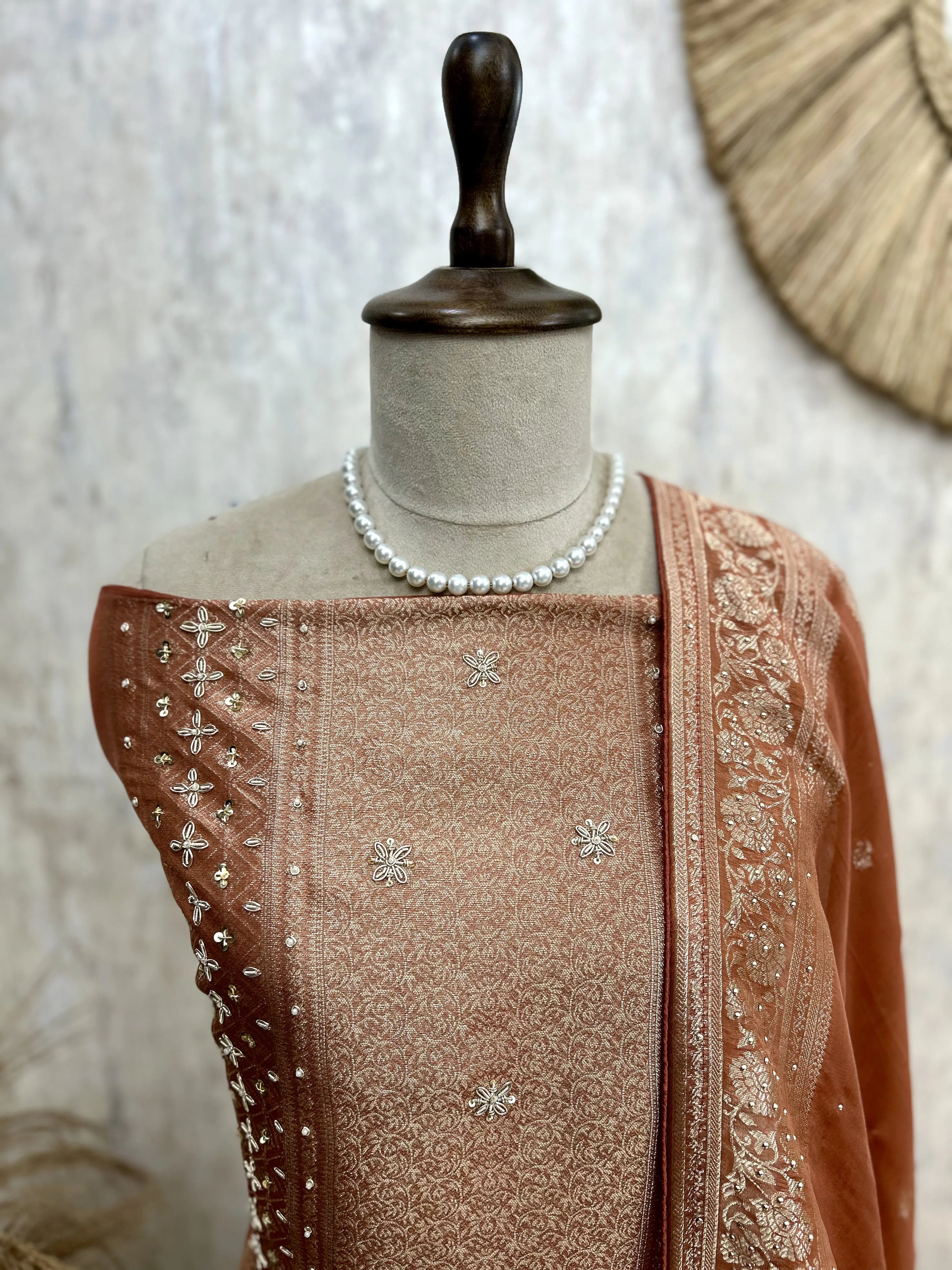 Brocade Silk Unstitched Suit Set Featuring Organza Dupatta