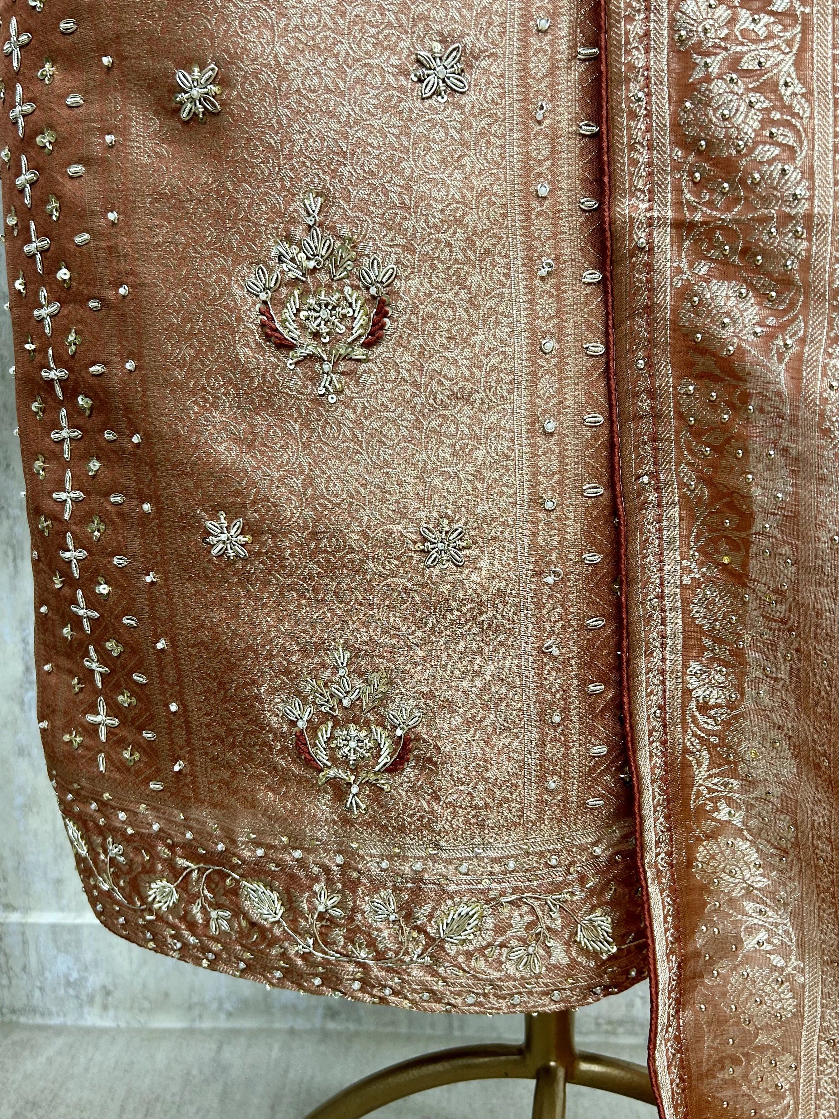 Brocade Silk Unstitched Suit Set Featuring Organza Dupatta